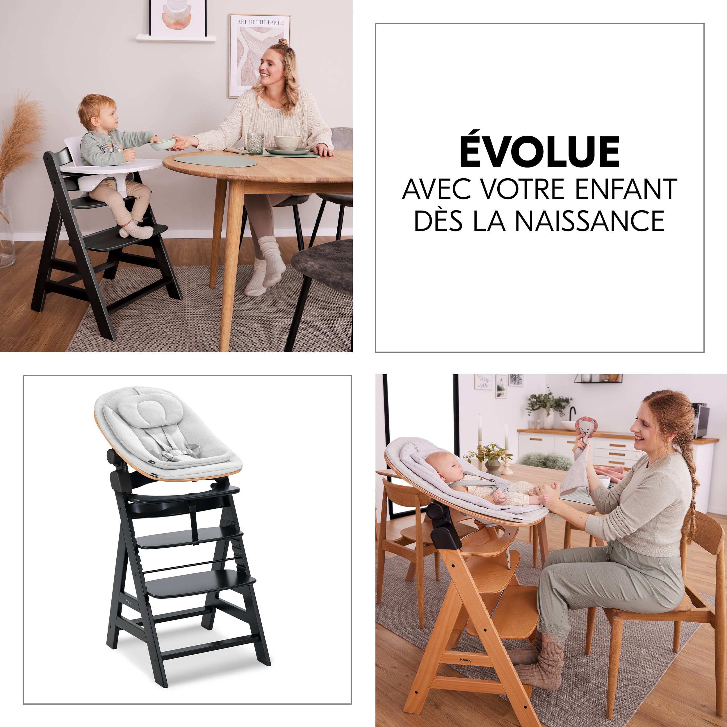 hauck Chaise Haute Bébé Alpha+ avec Siège Nouveau-né Eco – Black | Chaise haute évolutive en bois, de la naissance à 90 kg, inclus assise bébé ergonomique, coussin et harnais