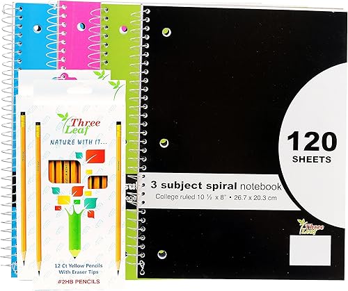 Paquete de 4 cuadernos en espiral de 3 materias de 10 x 8 pulgadas, con rayas universitarias, paquete de 6 carpetas de polietileno de 2 bolsillos, 6