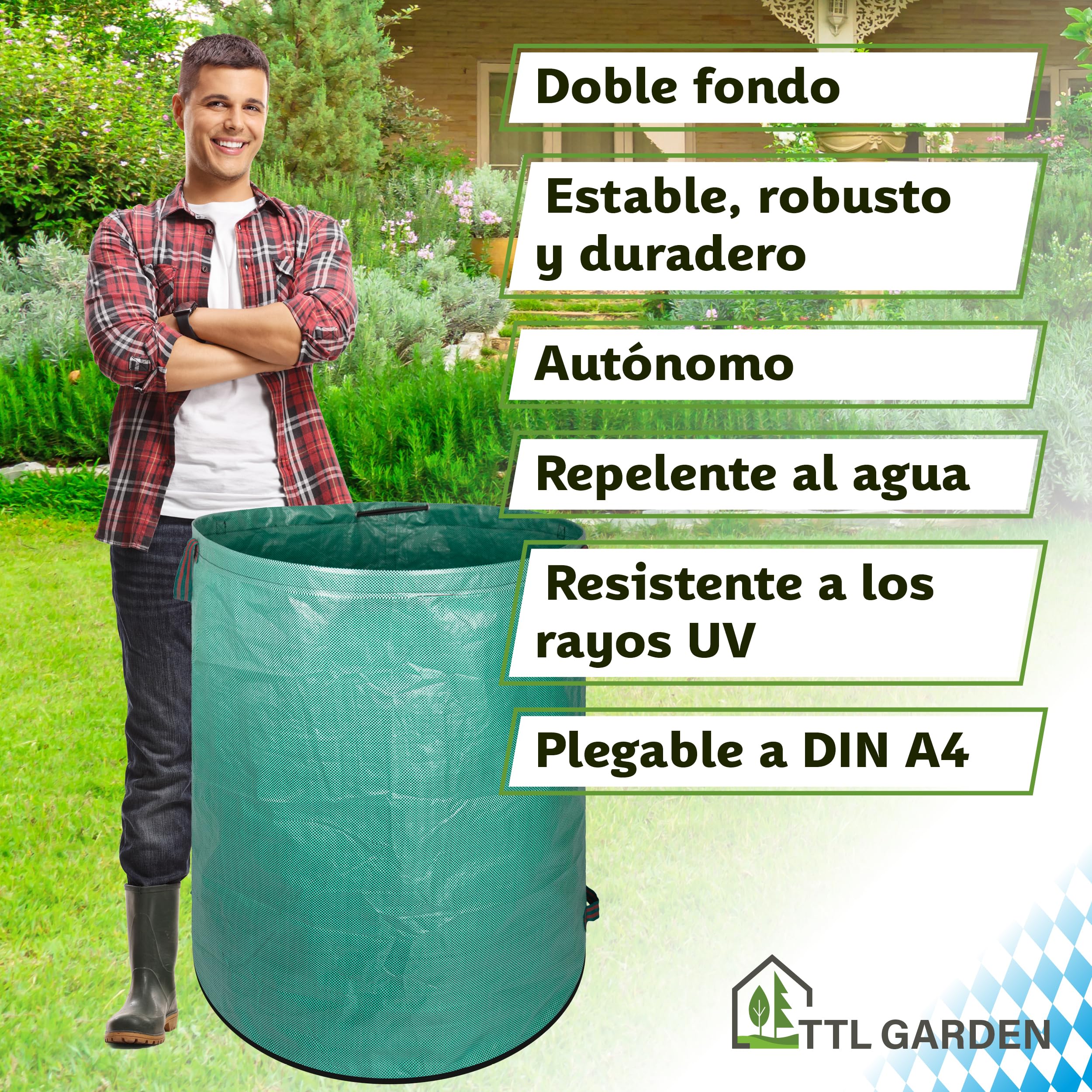 TTL Garden - Bolsas de jardín (500 L, doble fondo extra estable, autoportante, 4 asas de 150 g/m², extra grandes y robustas y plegables, juego de 2 bolsas de jardín, para hierba, hojas,