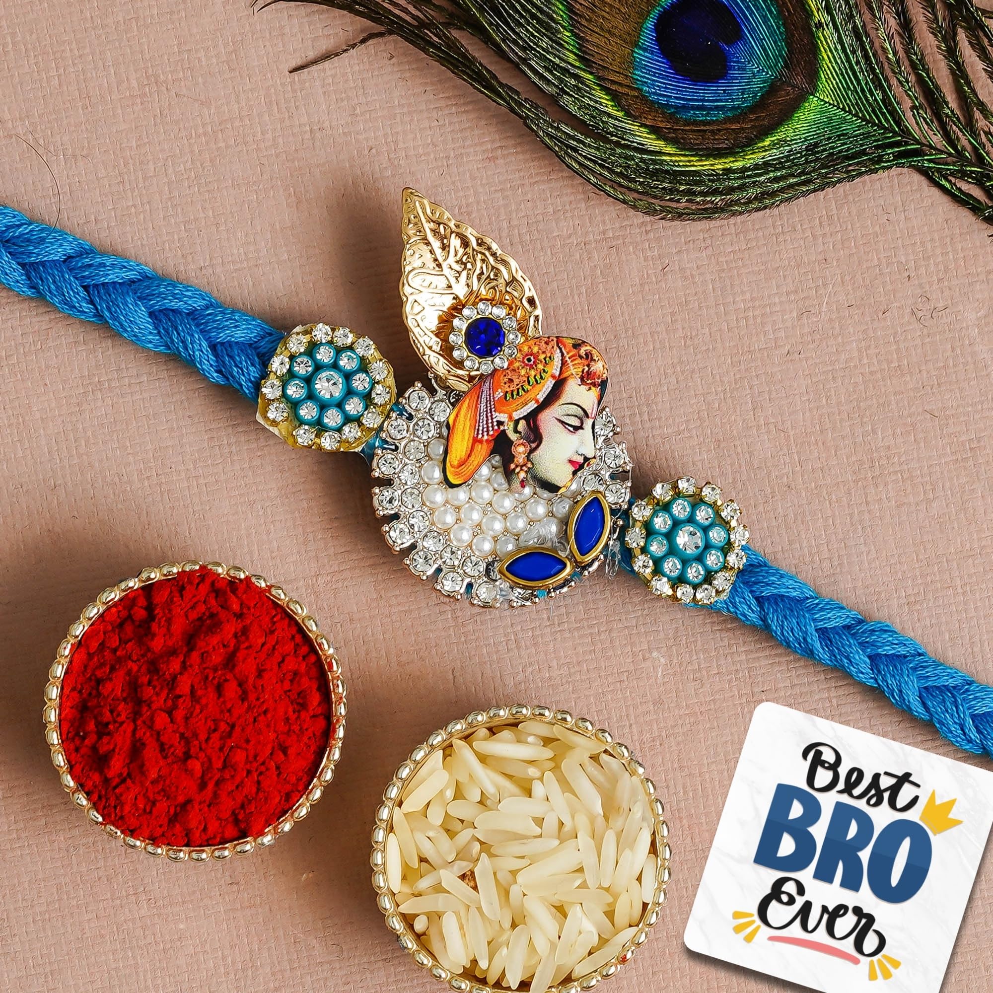 eCraftIndia Lord Krishna Rakhi for Brother | Raksha Bandhan Rakhi for Kids Bhai Bhaiya | Best Bro Ever Fridge Magnet | Roli Chawal Pack-image-7