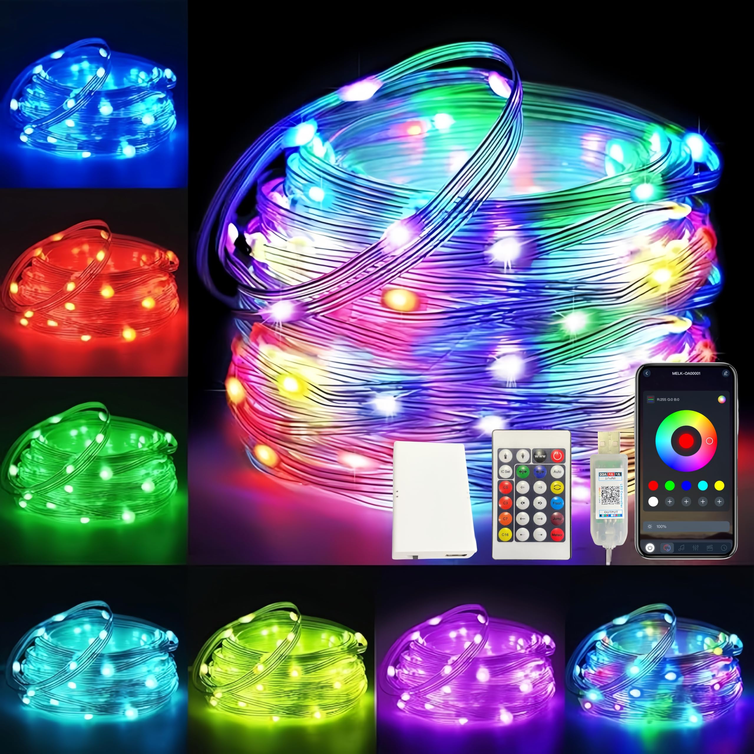 Guirnalda de luces, RGB 100 LED, multicolor, cambio de color, con USB, temporizador, 200 modos, sincronización de música, mando a distancia y control por aplicación, para Navidad, dormitorio, fiesta,