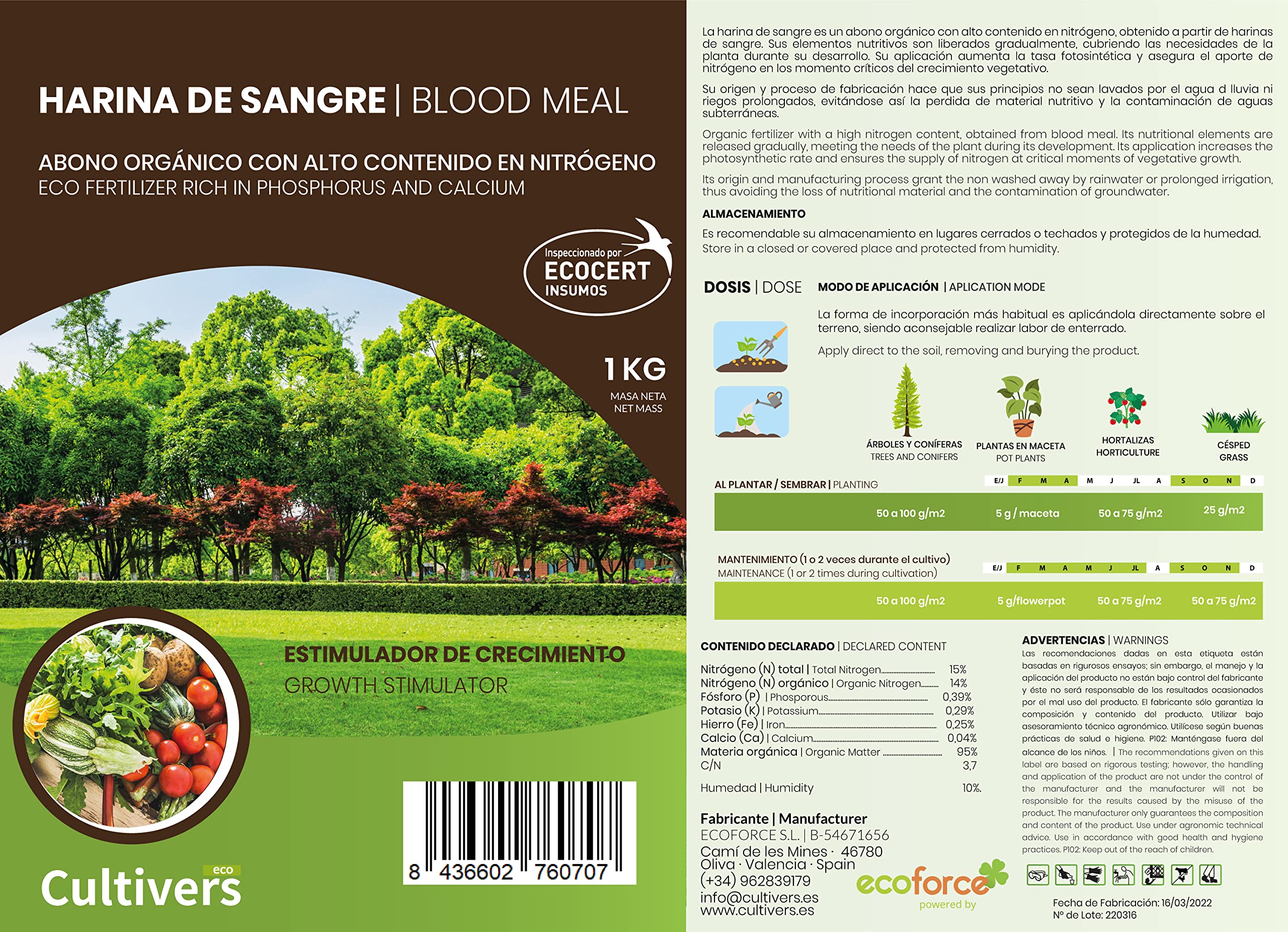 CULTIVERS Blutmehl 5 kg | ECOCERT-zertifizierter Bio-Dünger mit hohem Stickstoff- und organischem Substanzgehalt | Natürlicher Bodenverbesserer für Boden, Gemüsegarten und Garten