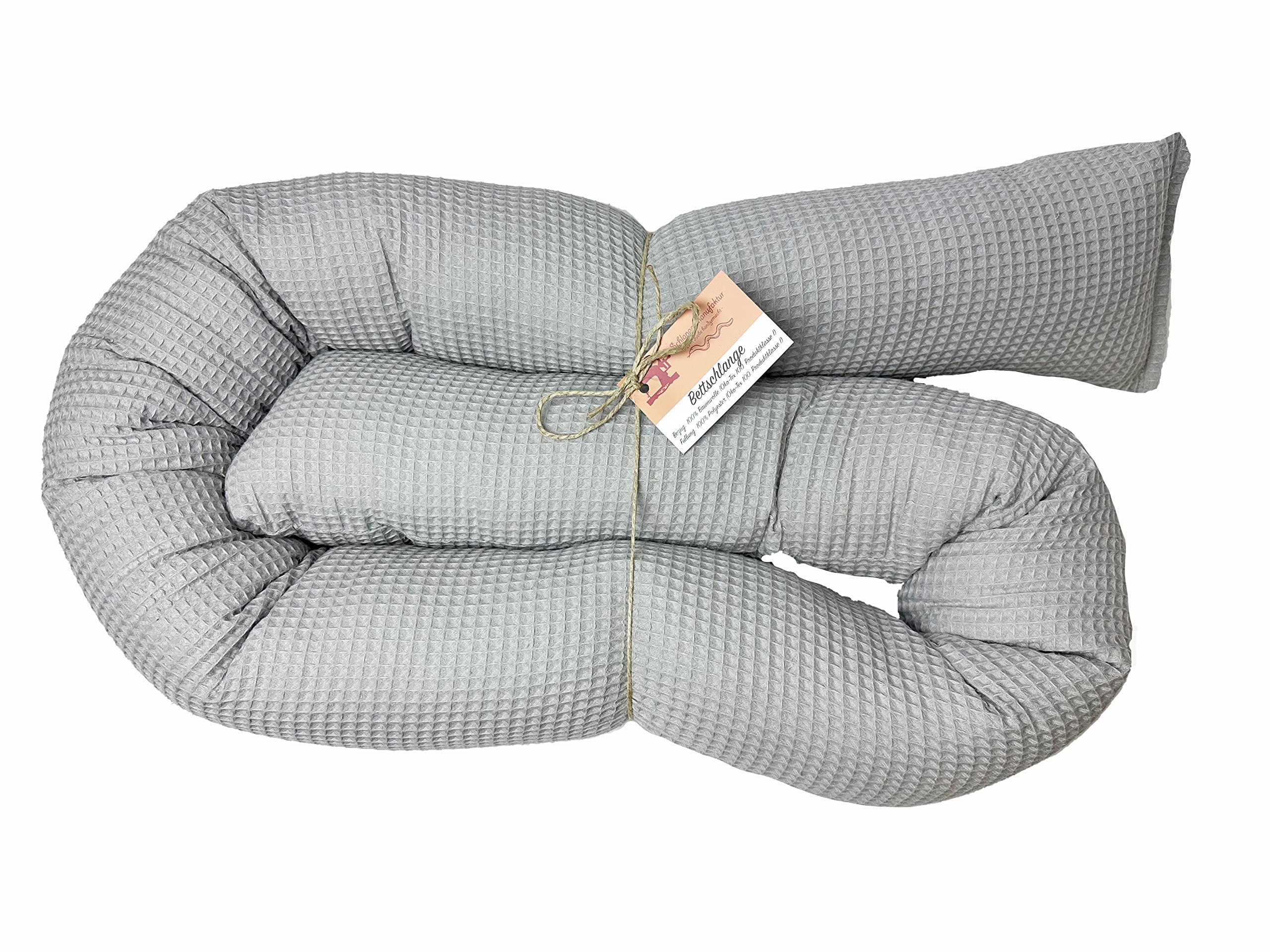 Schlangenmanufaktur® Baby Kuschelschlange Stillkissen Waffelpique Hellgrau, Handgemacht in Bayern aus Öko-Tex® Materialien, Kopfschutz für Wickeltisch, Seitenschläferkissen (500cm)