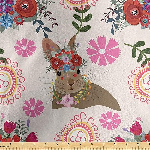 Ambesonne Floral Fabric by The Yard, Composition of Spring Flower Bouquets Round Doodle Ornament and Bunny with Headdress, Decorative Satin Fabric Ambesonne Floral Fabric by The Yard, Composition of Spring Flower Bouquets Round Doodle Ornament and Bunny with Headdress, Decorative Satin Fabric