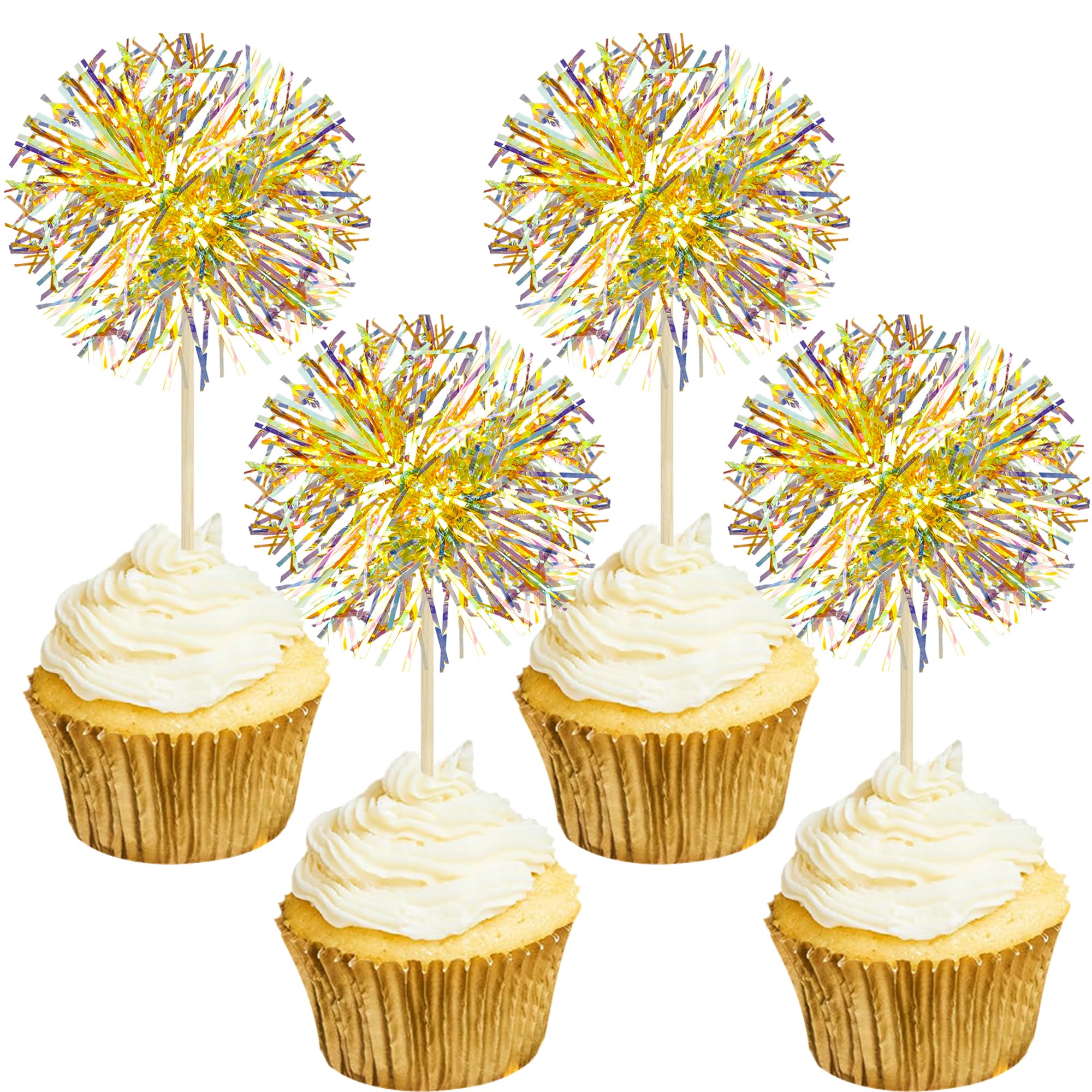 Gyufise 30Pcs Foil Firework Cupcake Toppers Sparkle Tinsel Cake Toppers Tinsel Drink Cake Decoration Cocktail Picks for Halloween Birthday Wedding Graduation Party Supplies Laser Yellow