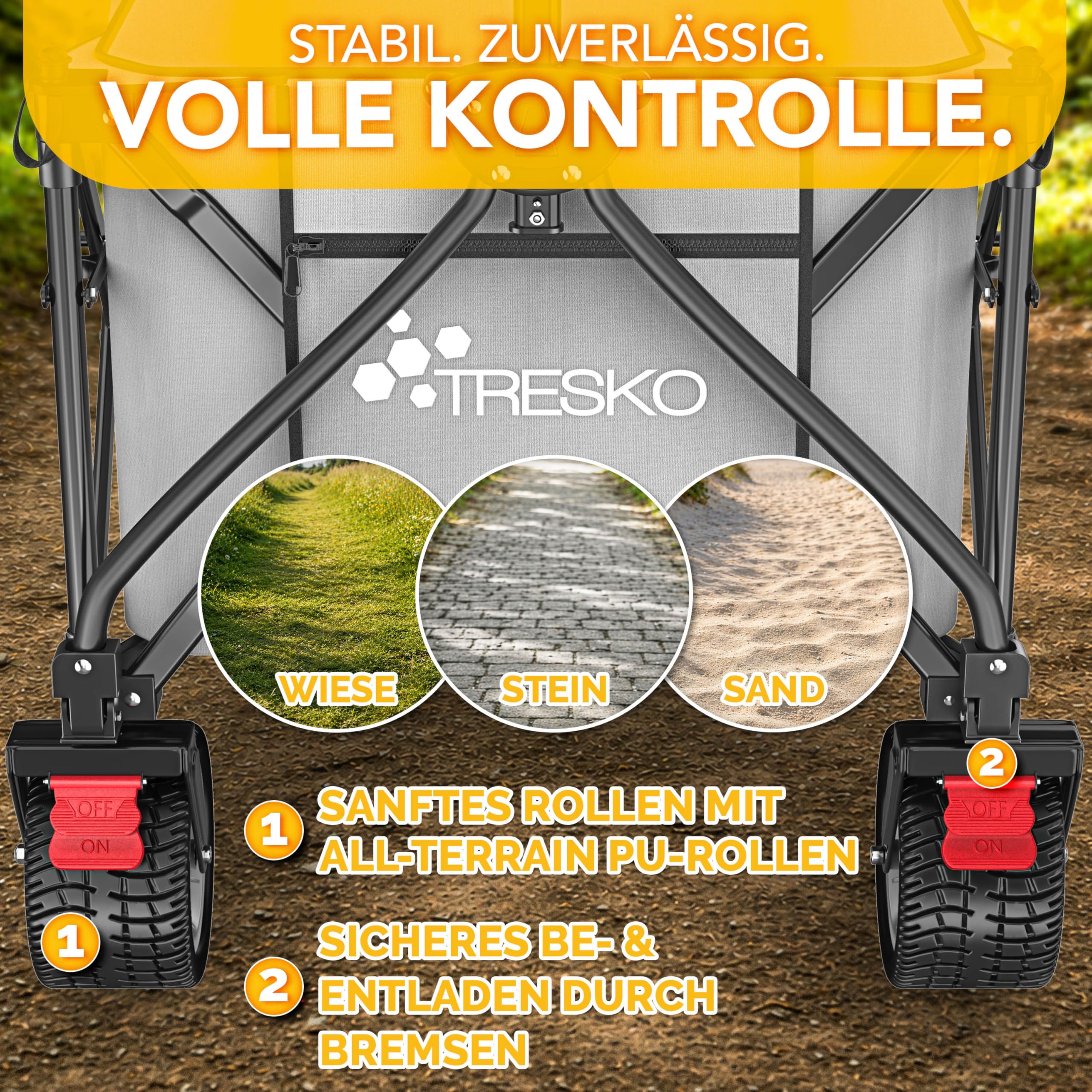TRESKO® Bollerwagen faltbar 300L mit Bremse | Handwagen klappbar 150kg inkl. Vollgummireifen | Faltbarer Strandwagen Extra Breite All-Terrain-Räder | Transportwagen mit Tragetasche (Grau)