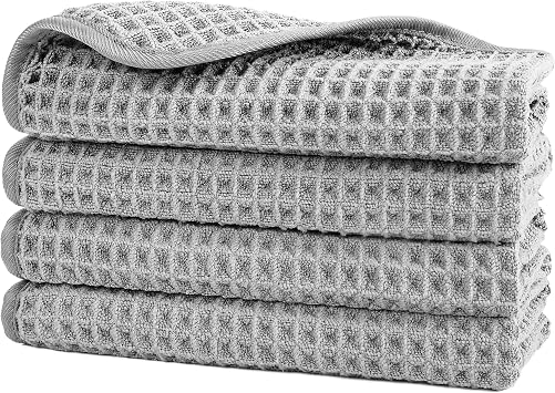 POLYTE 430 GSM Poly Blend Microfiber Waffle Wash Cloth Face Towel, 13x13 in | 4 Pack, Oversize, Lint Free, Quick Dry, Hanging Loop, For Showerig, Fingertip Towel