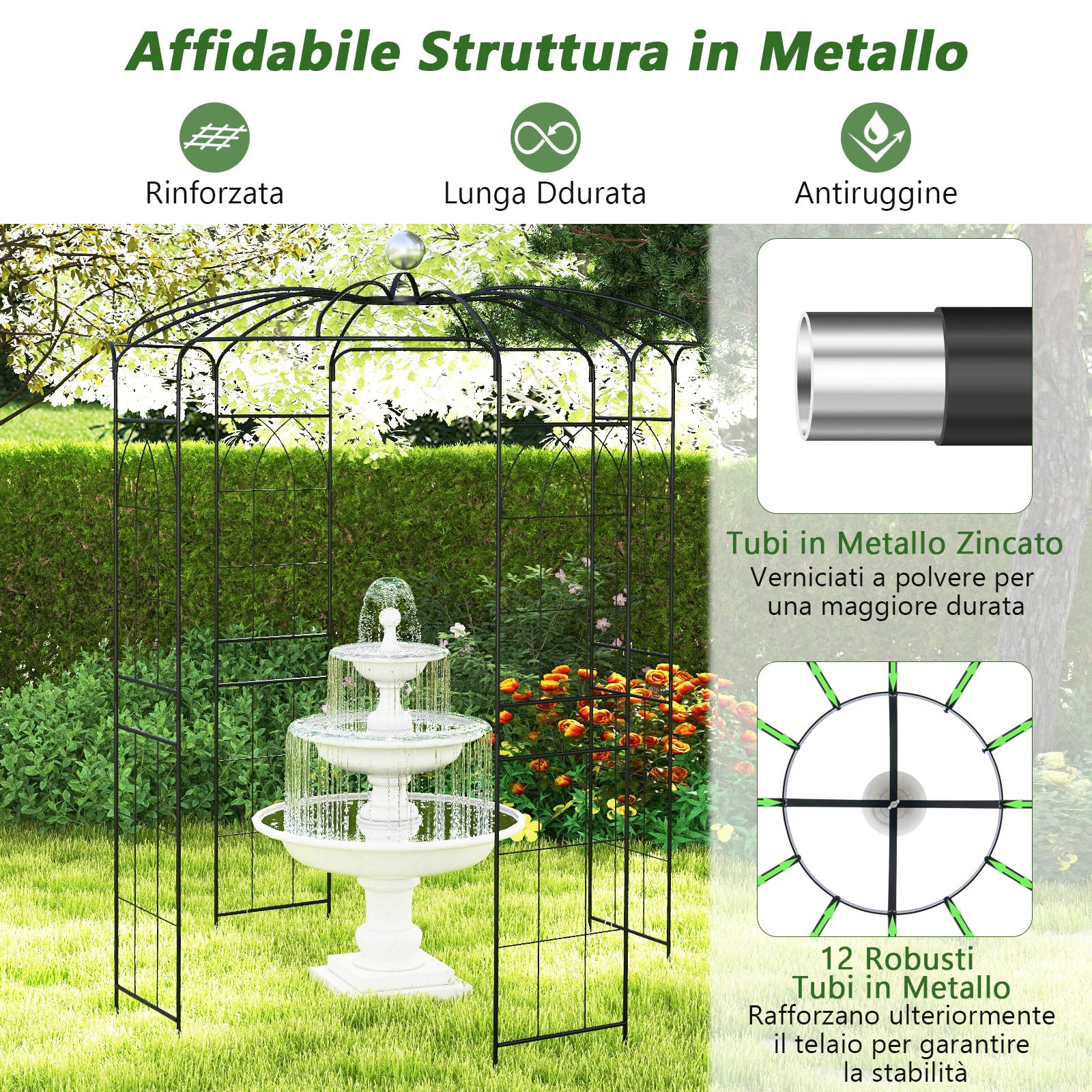 COSTWAY Traliccio ad Arco in Metallo Zincato per Piante Rampicanti, Gazebo a Forma di Gabbia per Uccelli con Gancio e Paletti, Pergola da Giardino per Cerimonie, 198 x 284 cm, Nero