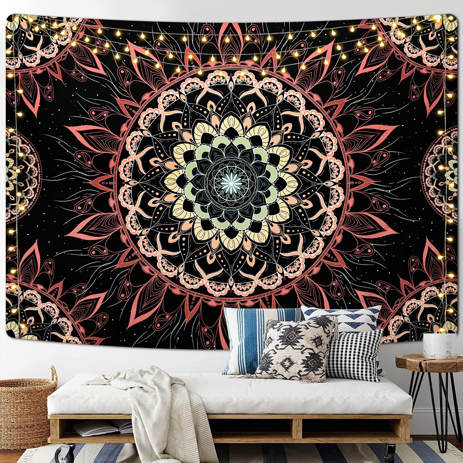 Arazzo Bohémien Mandala Pavone - 150x210 Cm - Tappezzeria Da Parete, Copriletto, Telo Mare - Regalo Originale