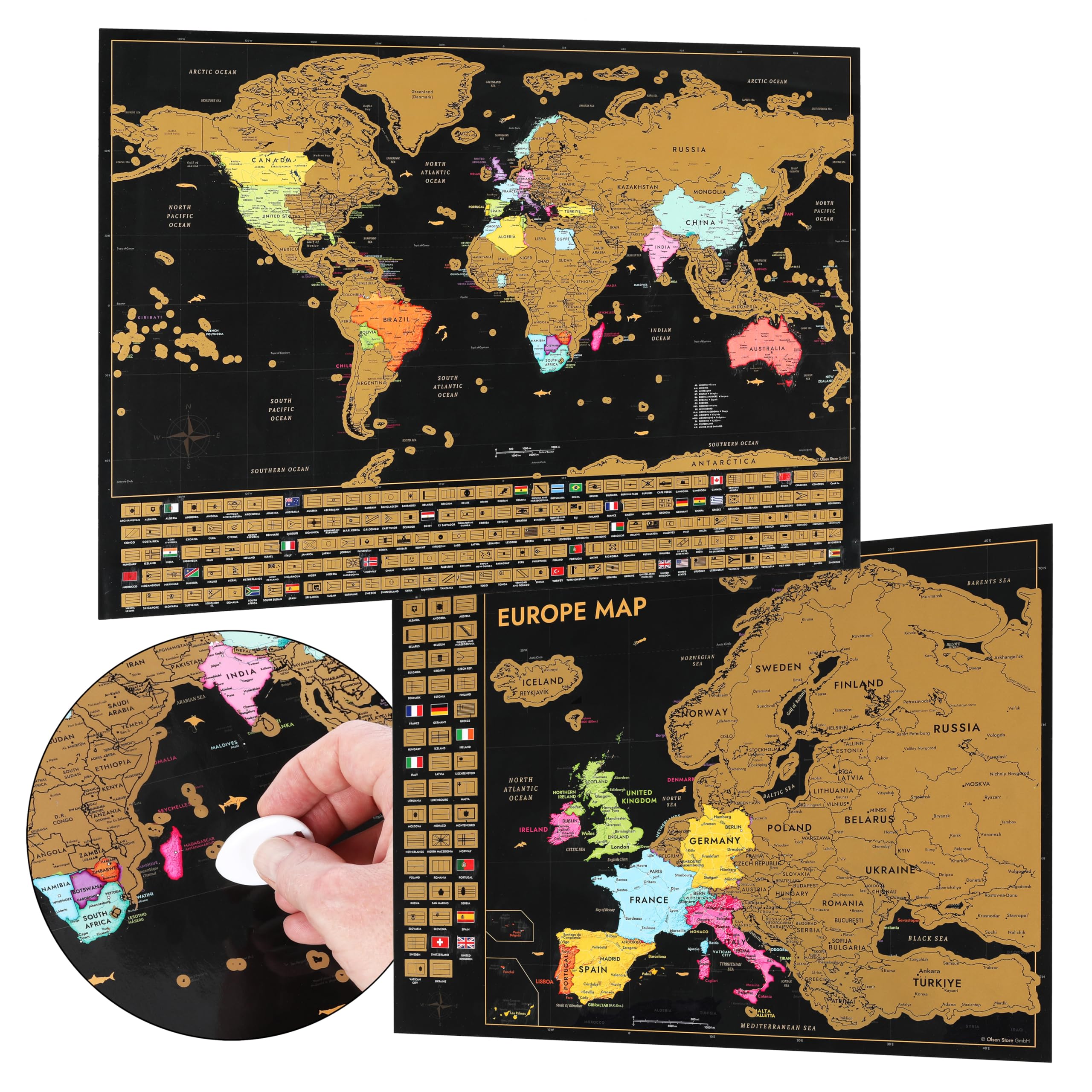 CraftWerk Mapa del mundo para rascar incl. mapa de Europa - mapa como póster de pared para fijar con alfileres - regalo para viajeros y veraneantes - Mapa para rascar 61 x 43 cm