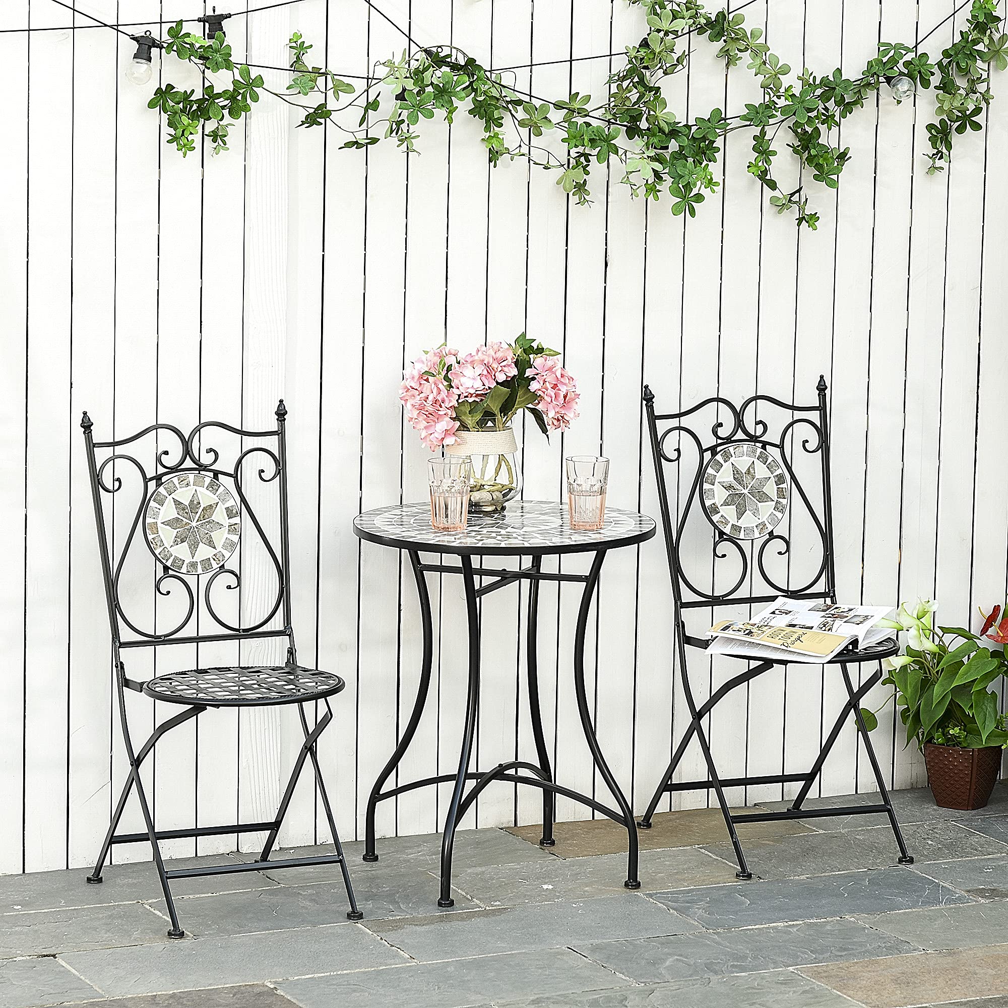 Outsunny Garten Sitzgruppe 3-teilige Mosaiktisch Essgruppe Gartenmöbel-Set Balkonmöbel Set 1 Tisch+2 Faltbare Stühle Garten Metall Keramikfliese Mehrfarbing