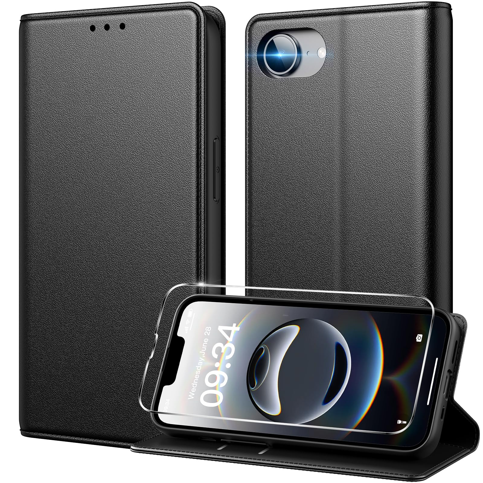 Peakally iPhone 17e/16e ケース 手帳型 iPhone 17e/16e用 スマホケースガラスフィルム1枚とストラップ1本付き 高級PUレザーケース [RFIDブロッキング] マグネット スタンド機能 360度保護 耐衝撃保護 カード収納（ブラック）