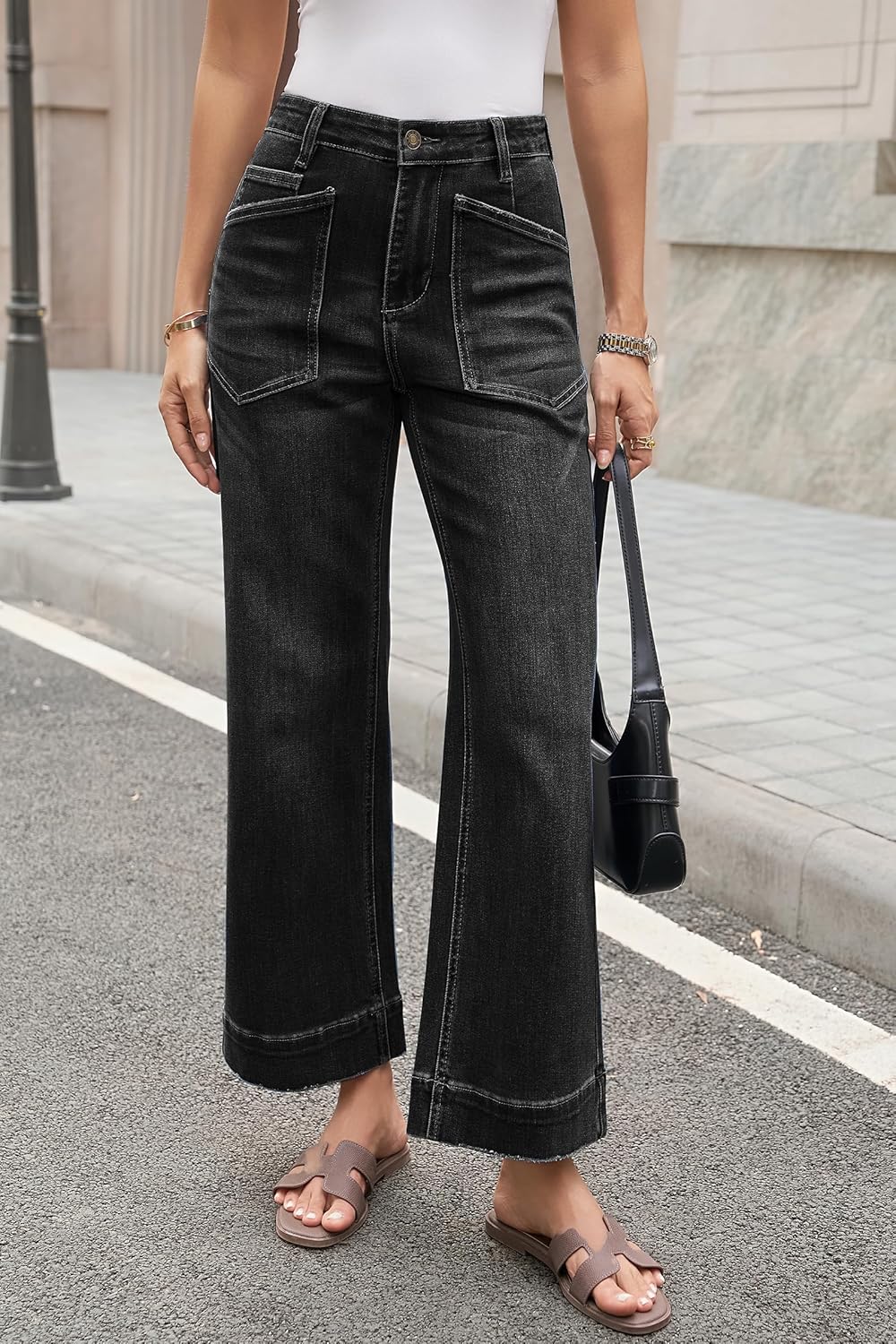 Cicy Bell Womens Cropped Wide Leg Jeans Stretchy High Waisted Trendy Capri Baggy Denim Ankle Pants with Pockets - Image 2