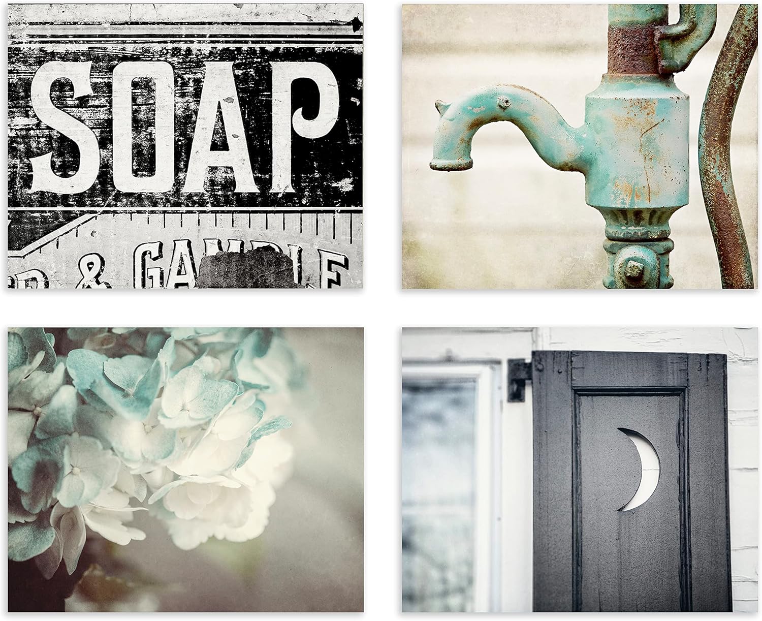 Lisa Russo Fine Art - Bathroom Wall Decor Set of 4 Photo Prints - Unframed - Farmhouse, Rustic, Country Style - Blue, Black, Teal (4 11x14 Prints)