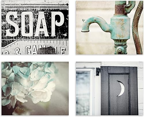 Lisa Russo Fine Art - Juego de 4 impresiones fotográficas para decoración de baño, sin marco, arte de pared de baño de granja, rústico, rústico,