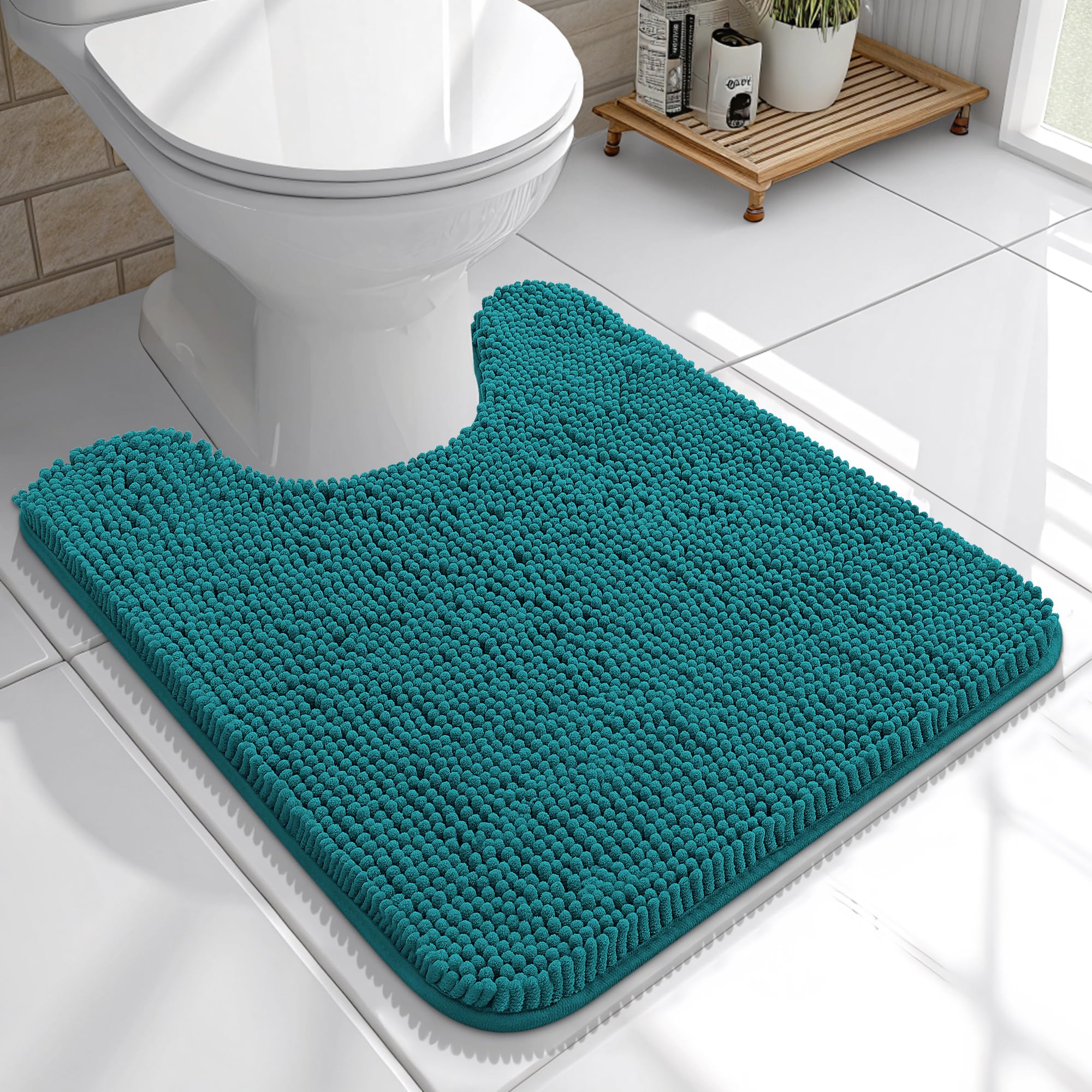 OLANLY Toilet Rugs U-Shaped 20x20, Soft Absorbent Chenille Contour Rugs | Deep Lake, Quick-Drying Rubber Backing, Machine Washable Non-Slip Shaggy Bathroom Mat for Toilet, Home Decor Accessories