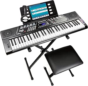 RockJam 61 Key Keyboard Piano With Pitch Bend Kit, Keyboard Stand, Piano Bench, Headphones, Simply Piano App &amp; Keynote Stickers