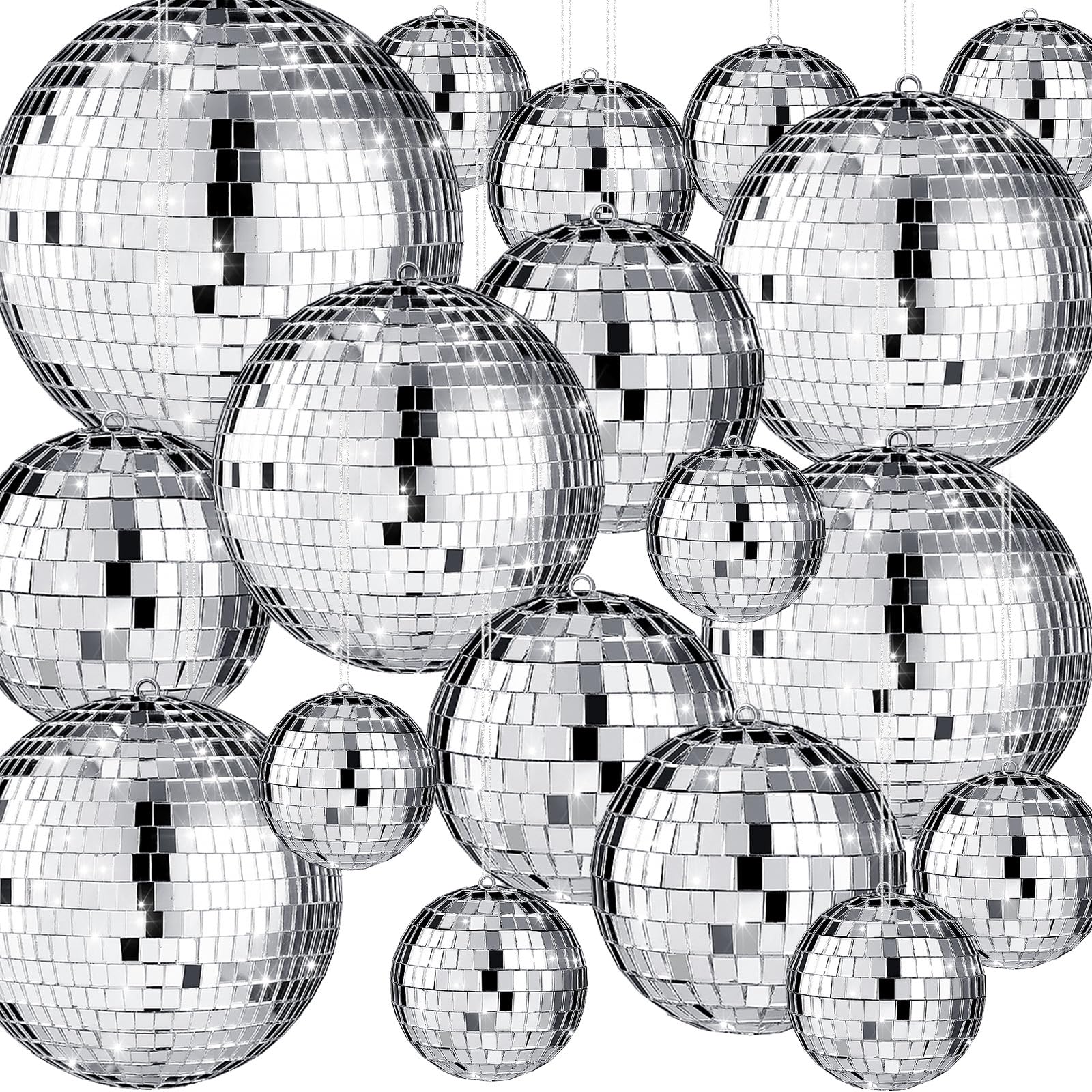 Sumind 35 Pcs Hanging Mirror Disco Balls Ornaments Silver Mini Disco Ball Decorations Reflective Mirror Ball Bulk Decoration for 70s Disco Themed Party Decor(6", 4", 3.2", 2")