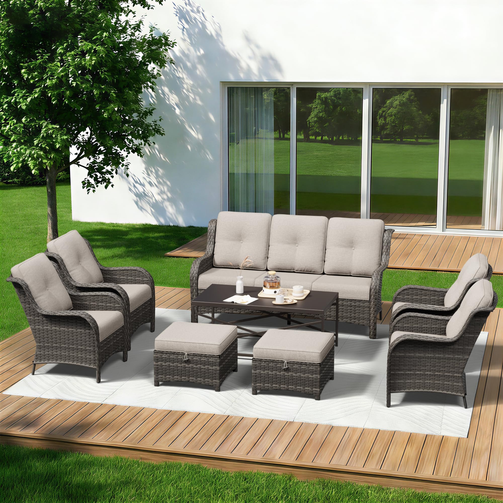 8 Piece Outdoor Wicker Patio Furniture Set, Patio Chairs Set with Thickened Olefin Cushions, High Back and Deep Seating, Hand-Woven PE Rattan, Ottoman for Porch, Deck
