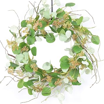 Eucalyptus Foliage Wreath Spring Front Door Wreath 20 Inch Green Twigs Grapevine Farmhouse Wreath for Festival Celebration Front Door Wall Window Party Home Decor