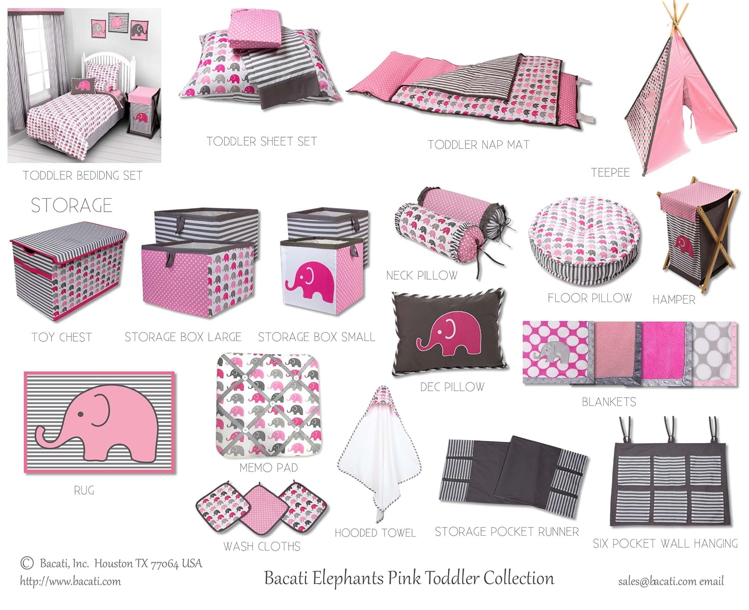 Bacati - Toy Chest Elephants Pink/Grey