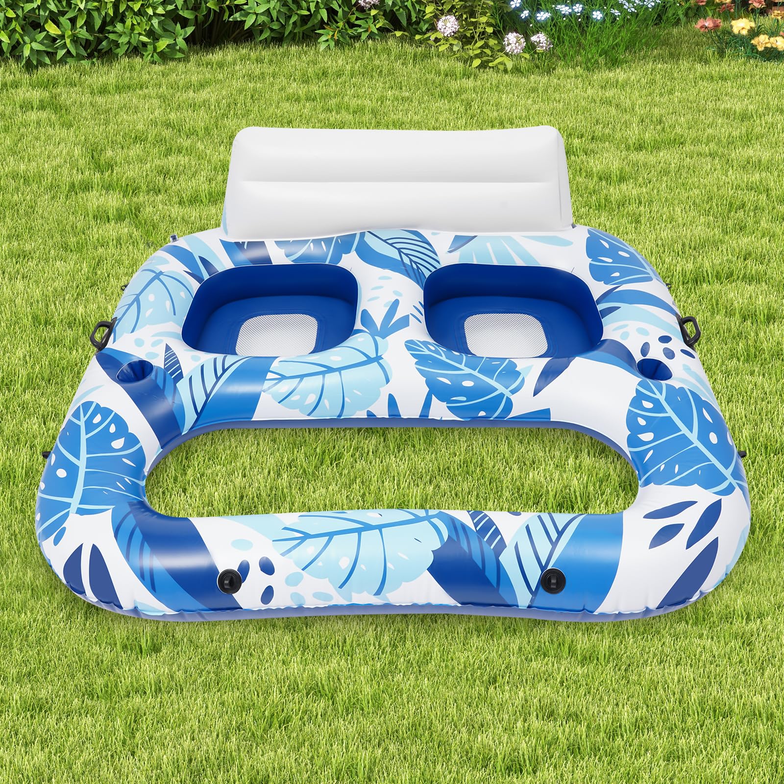 Sillón de piscina hinchable para 2 personas, colchón de aire de vacaciones para adultos con red, silla de piscina grande, tumbona de agua con soporte para bebidas y asa, azul cielo, 165 x 152 x 55 cm