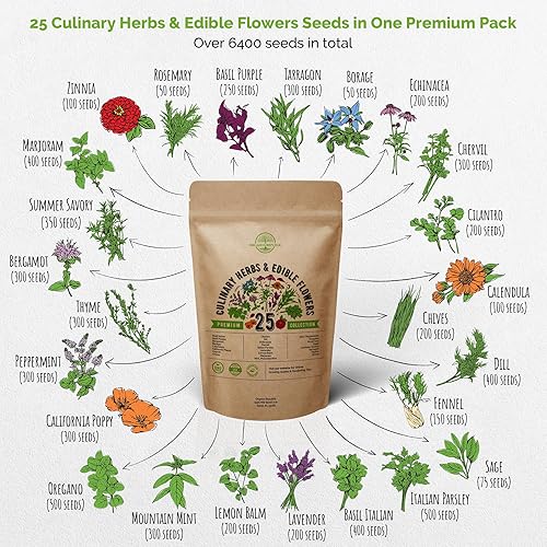 Miniatura 2 de Paquete variado de 25 hierbas culinarias y semillas de flores comestibles para plantar en interiores y exteriores. Más de 6400 semillas de jardín de