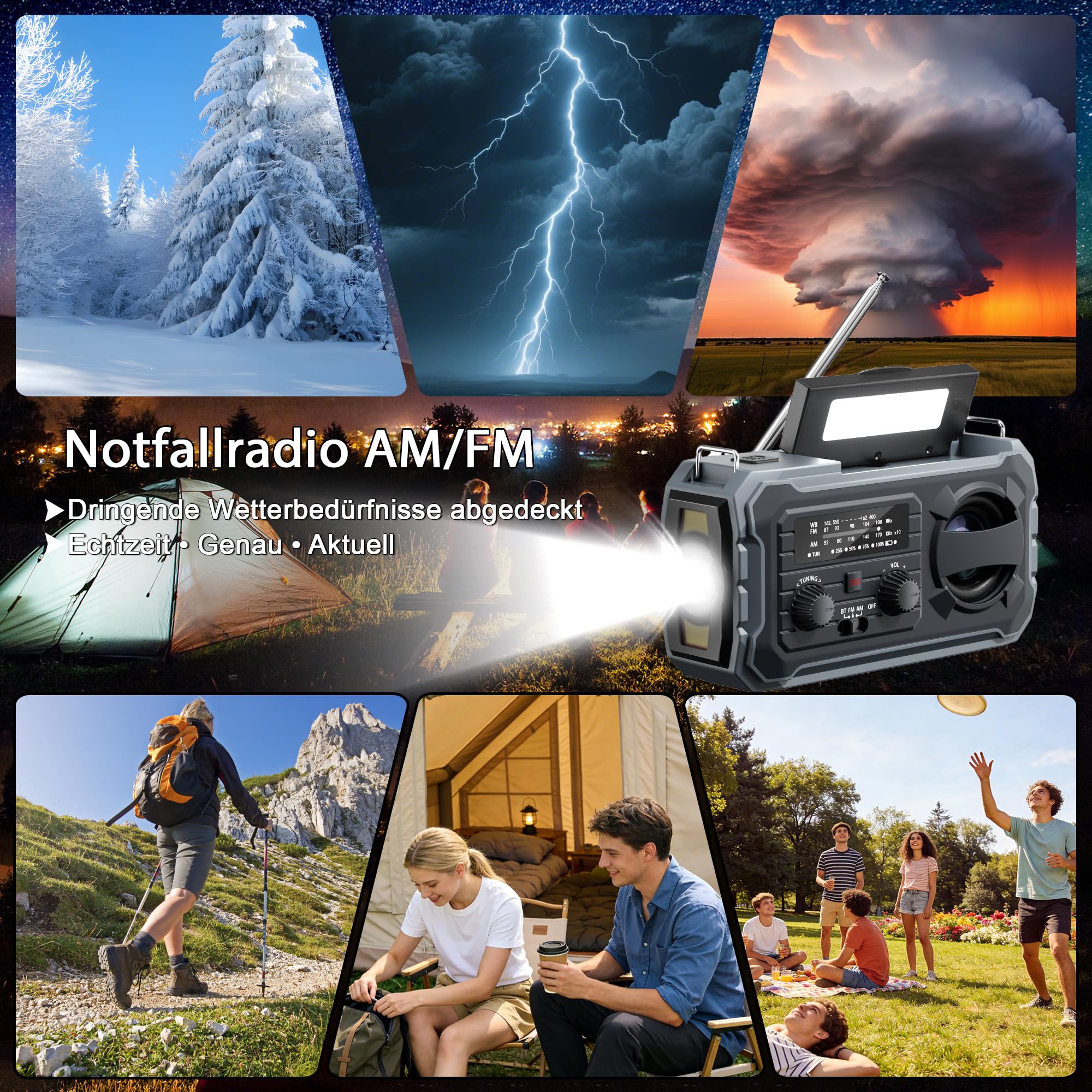FIVAVA Radio de manivela, radio solar portátil con AM/FM, banco de energía de 10000 mAh, radio de emergencia con alarma SOS, linterna LED, generador de manivela y puerto USB para camping, ourdoor