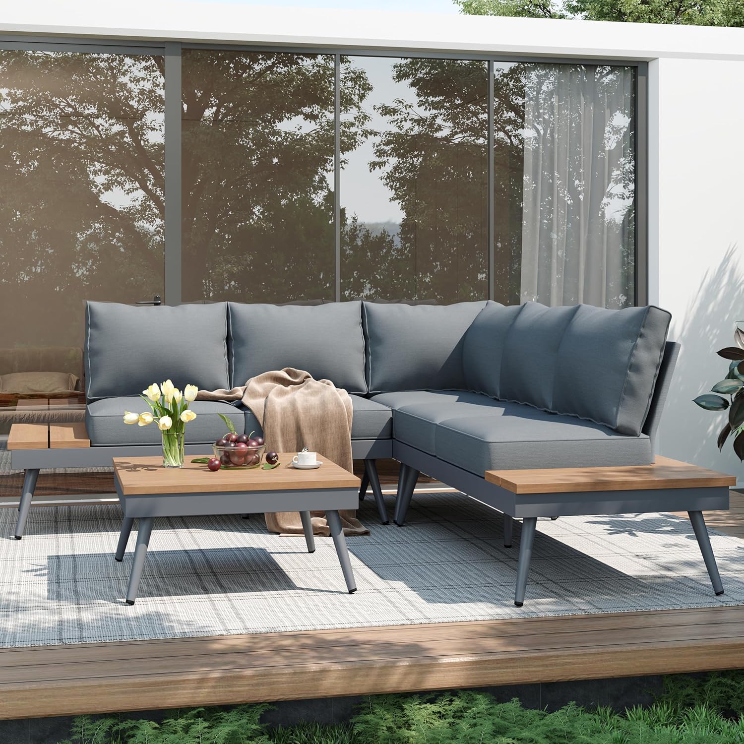 Outdoor V-Shaped 4-Piece Alum Patio Sofa Set,Patio Furniture Sets,Aluminum,Fabric+Mesh,Plywood,Grey,Natural Wood