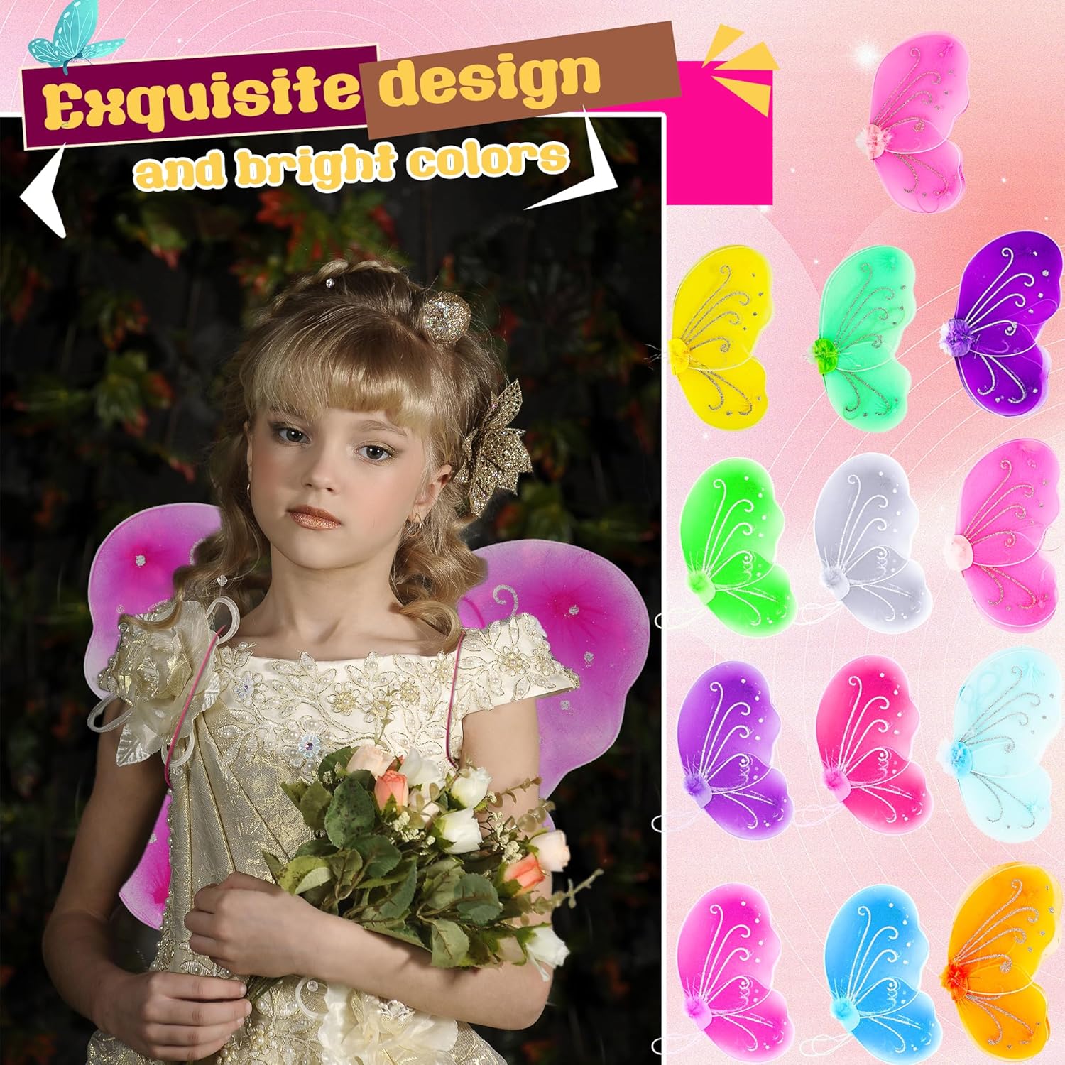 26 Pack Girls Fairy Wings Bulk Butterfly Wings Butterfly Angel Costume Wing for Kids Cosplay Wedding Decoration Party Dress up, 13 Colors