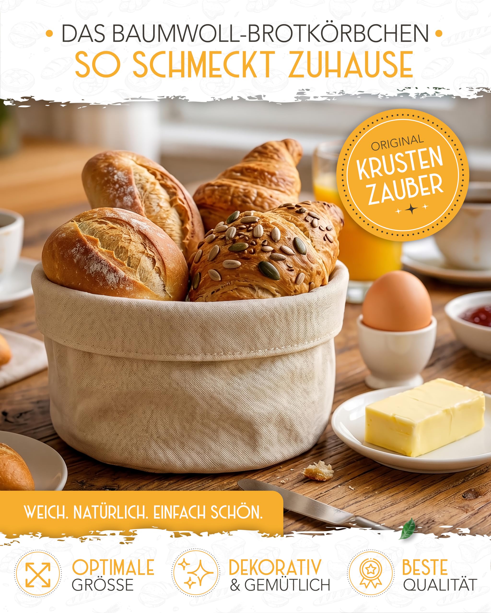 KRUSTENZAUBER Nowoczesny koszyk na pieczywo ze 100% bawełny – nadający się do prania koszyk na chleb i bułki, średnica 20 cm, do przechowywania chleba, śniadania, kuchni i stołu, praktyczny i stylowy