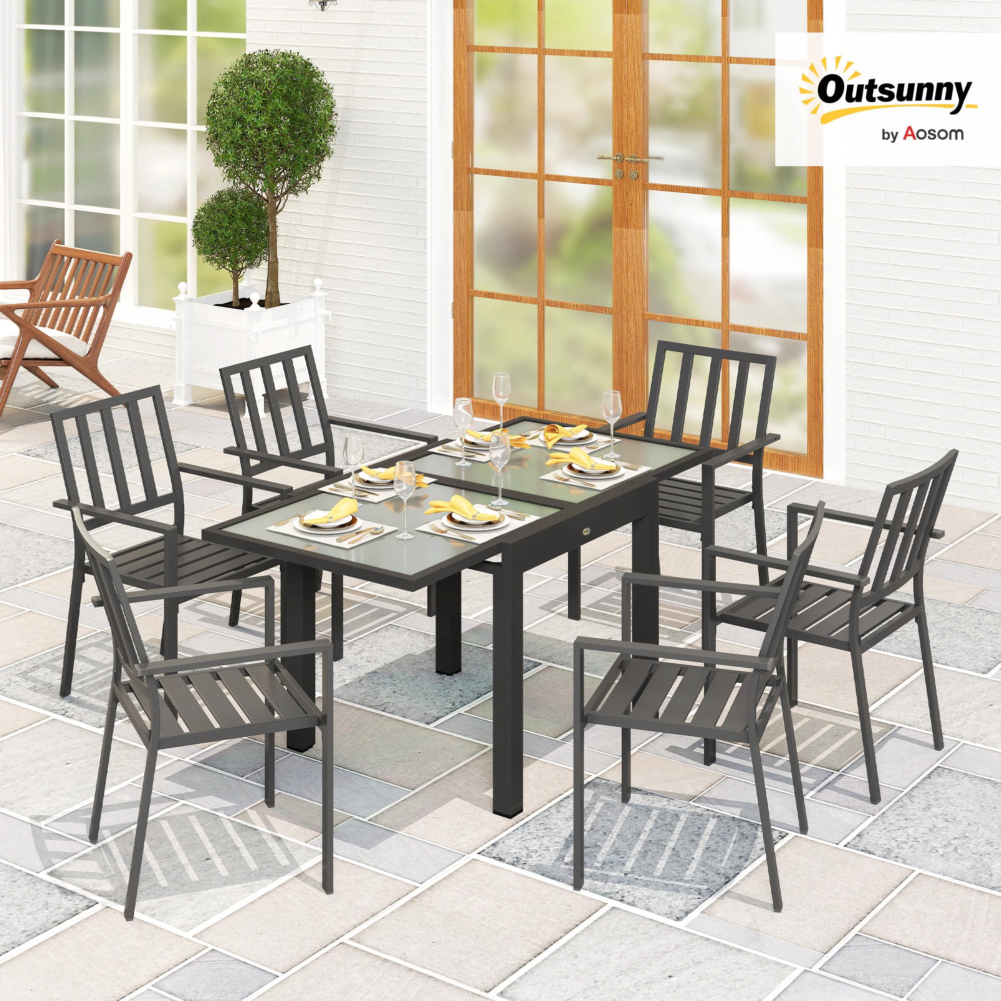 Outsunny Gartentisch, Balkontisch mit Klappbarer Tischplatte, Terrassentisch mit Glas Tischplatte, Esstisch für Garten, 160 x 80 x 75 cm Transparent