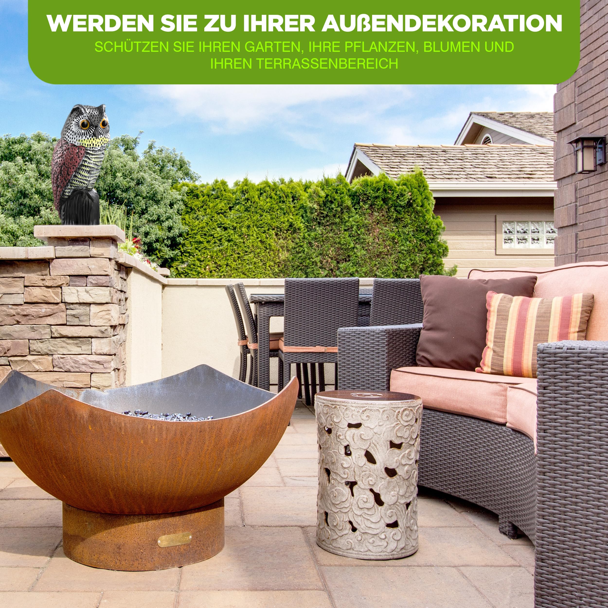 ISOTRONIC Eulen Attrappe zur Vogelabwehr – Realistischer Vogelschreck mit Wackelkopf – Taubenabwehr für Garten, Balkon & Obstbau – Taubenschreck Vogelscheuche (2 Stück)