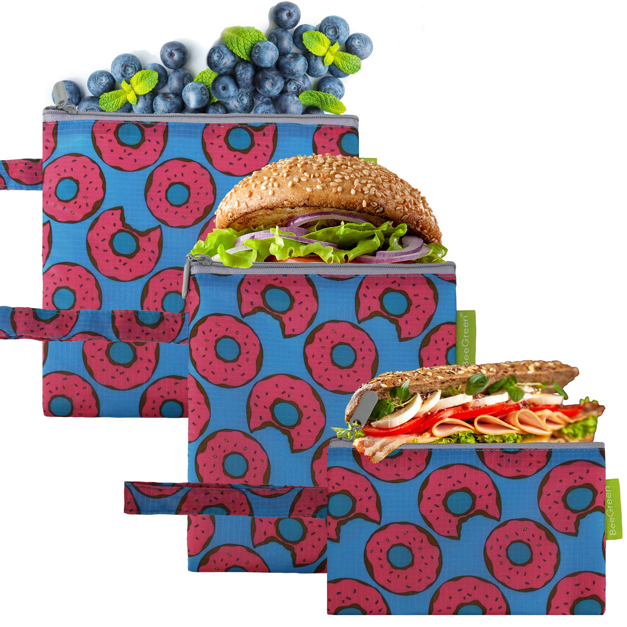 BeeGreen Donuts Prints 3 Pack Reusable Lunch Bags Bulk with Zip Portable Sandwich Baggies Washable Durable Blue Reusable Snack Bags