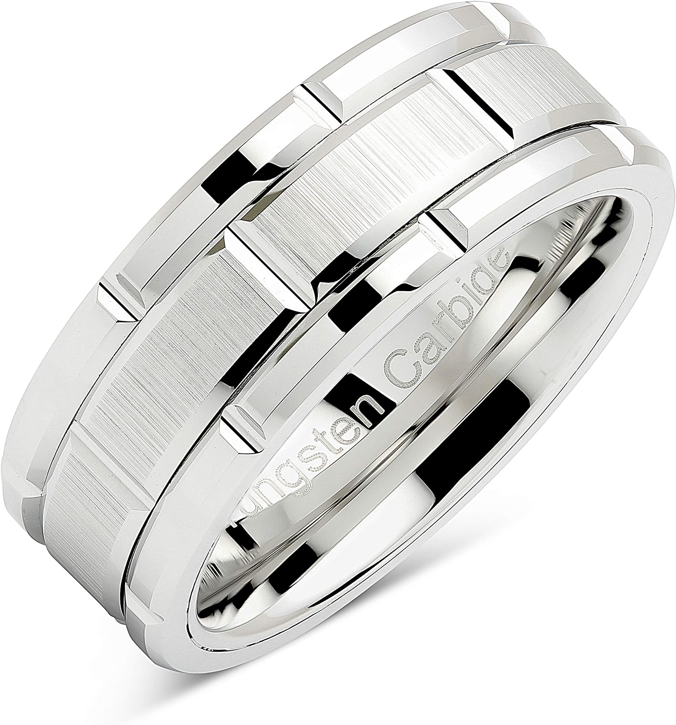 100S JEWELRY Tungsten Rings For Men Wedding Band White Gold Brick Pattern Rhodium Plated Size 6-16