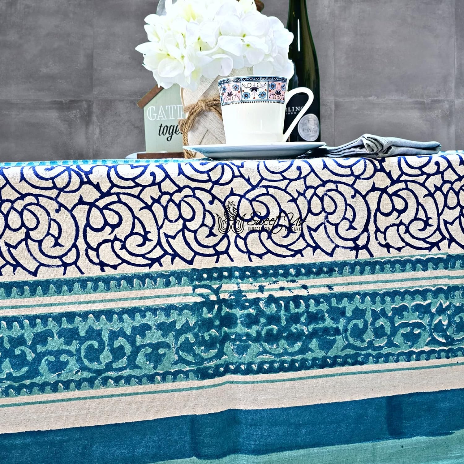 Sweet Us Eterna Vine Floral Cotton Tablecloth Rectangle and One Gray Napkin, Floral Kitchen Dining Table Cloth, Table Cover for Indoor and Outdoors, Aqua Frost, 68 x 102 in