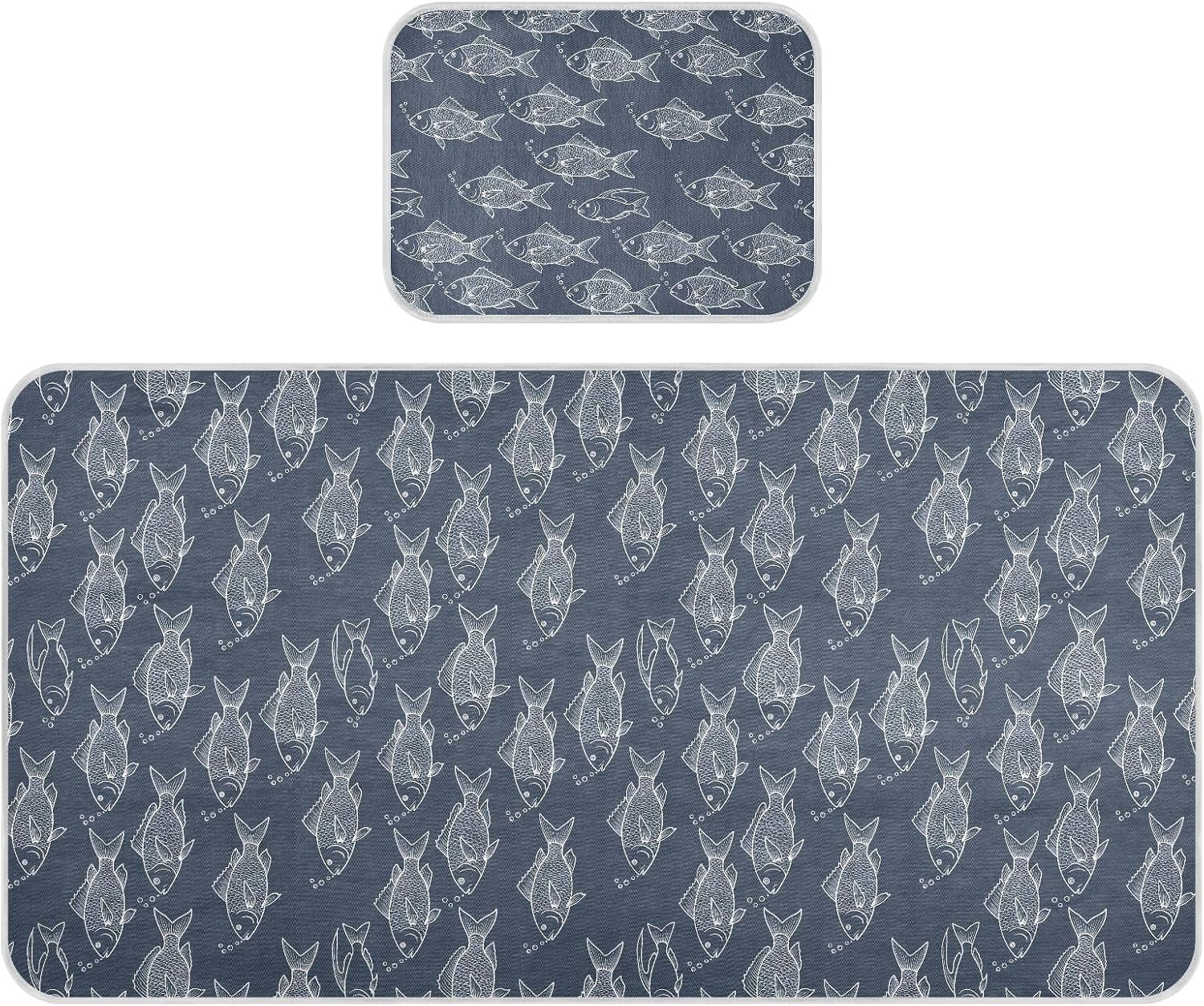 Baby Cooling Mat Navy Blue Fish Pattern Ice Silk Breathable Mesh Summer Crib Mattress Pad with Pillowcase, Soft Cooling Sleeping Surface for Infant & Toddler, 52"x28"