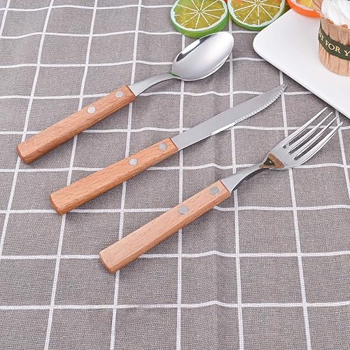 Miniatura 7 de Lnrkai Juego de 6 cuberterías, cucharas de cena, juego de cuchillos y tenedores, acero inoxidable con asas anchas de madera, juego de cubiertos,