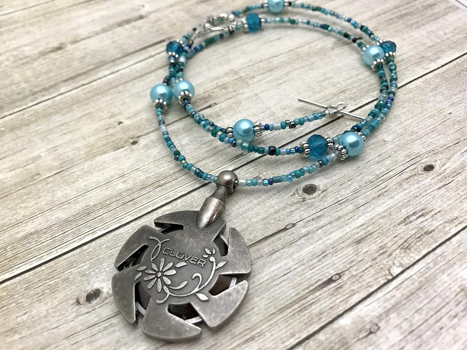 Beaded Yarn Cutter Pendant Necklace- Aqua Turquoise