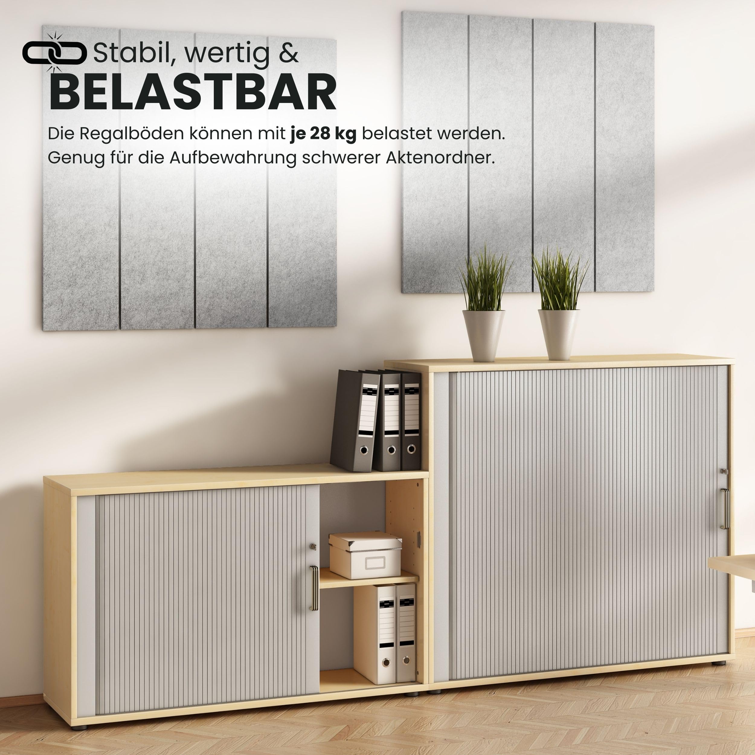 bümö Aktenschrank abschließbar mit Rollladen, Rollladenschrank für Ordner & Co. - Büroschrank mit Rollo, abschließbarer Ordnerschrank aus Holz in Buche/Silber mit Relinggriff