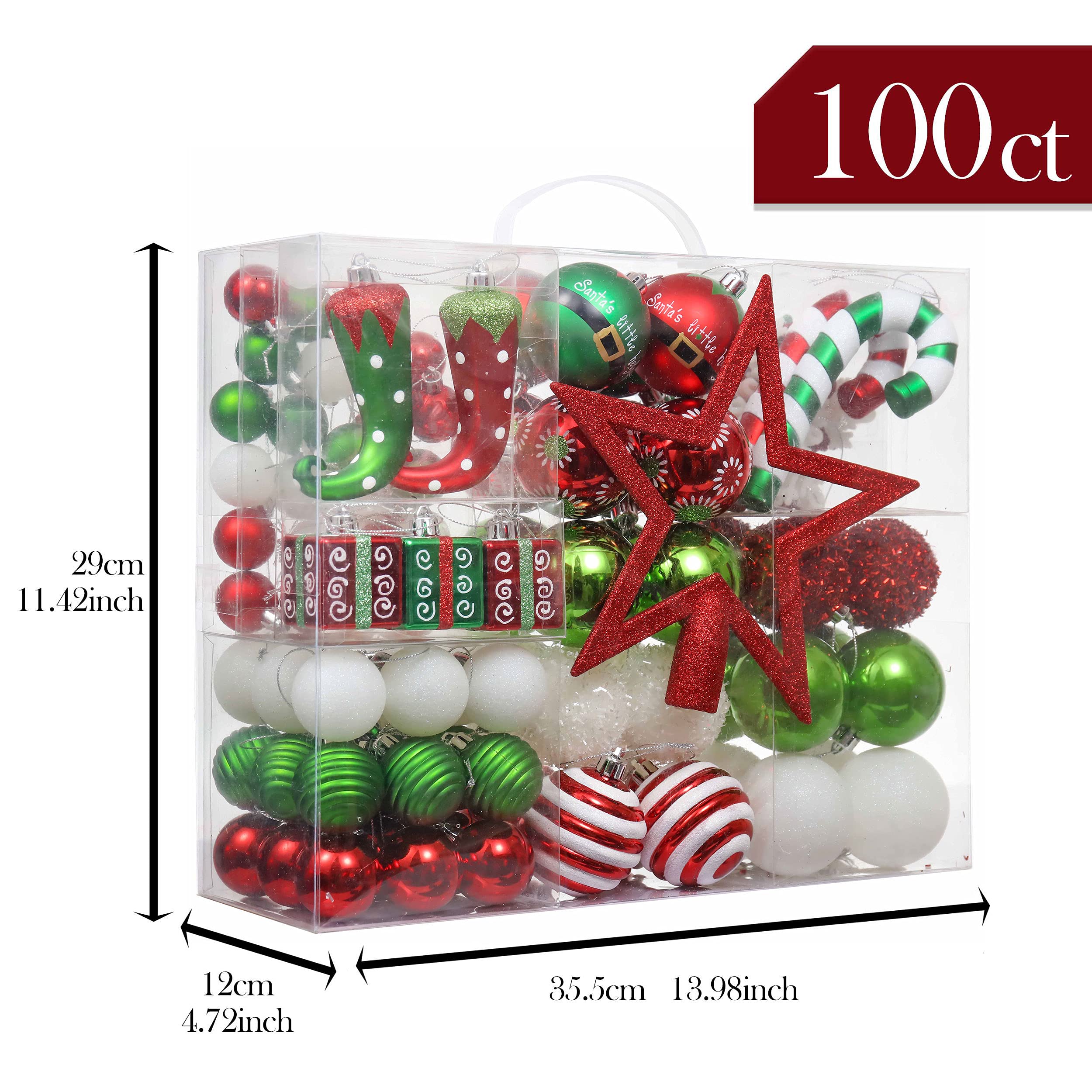 Victor's Workshop Weihnachtskugeln 100tlg. Plastik Christbaumkugeln Set Christbaumschmuck für Weihnachtsbaum Dekoration Weihnachtsdeko Partydeko Hausdeko Elfen Thema Rot Grün Weiß(L)