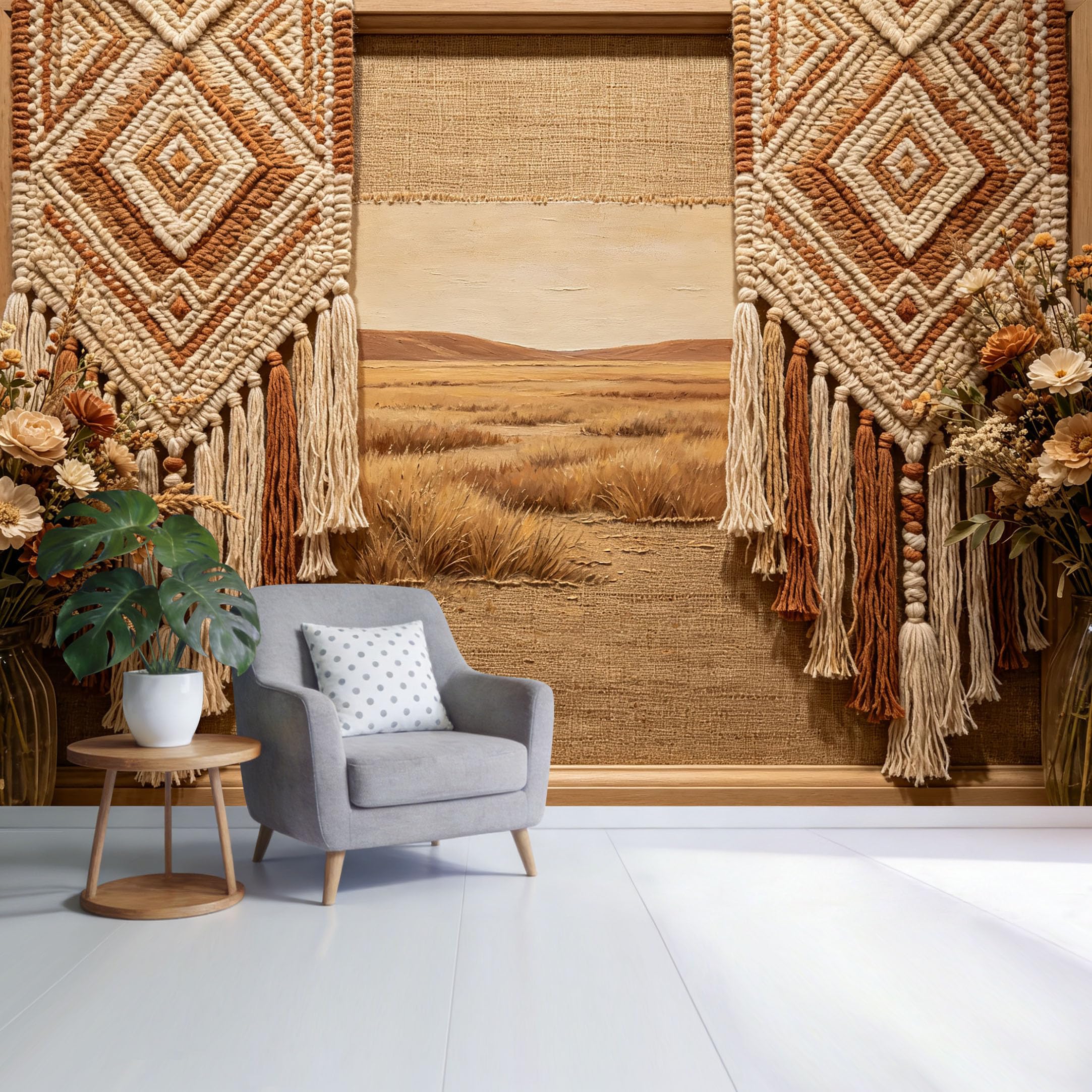 Custom Size Wall Mural Boho Desert Landscape Macrame Texture Rustic Botanical Floral Accent SelfAdhesive Wall Fabric Removable Wallpaper for Home Office Decor
