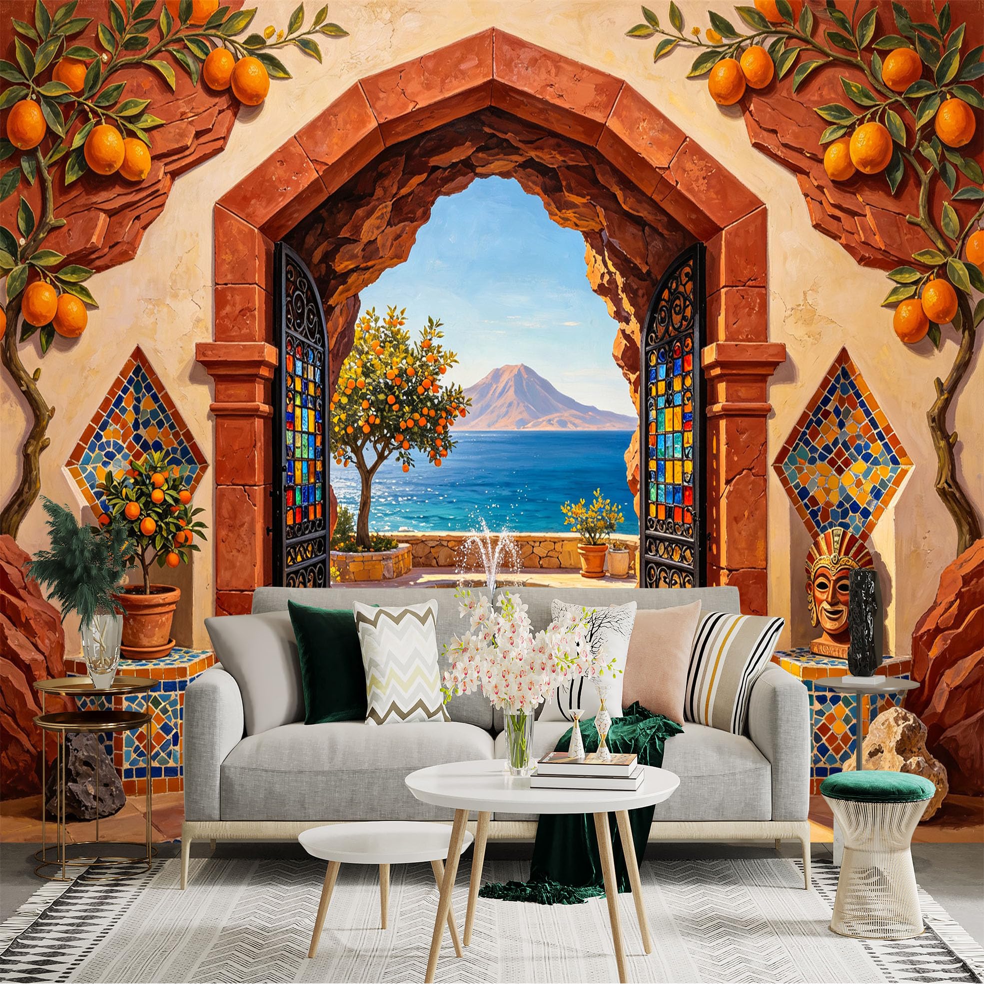 Custom Size Wall Sticker Mural， Mediterranean Archway with Sea View， Orange Trees and Mosaic Patio， for wall Decoration， peelandstick wall Decals.