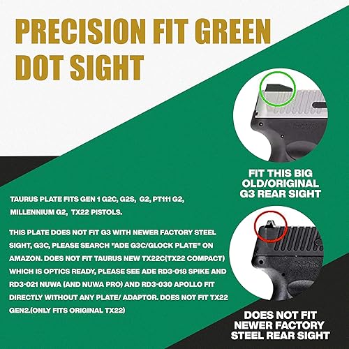 Miniatura 3 de ADE RD3-006 - Mira de punto verde + placa de montaje óptica para Taurus G2C, G2, PT111 G2, G3 (vista trasera original), PT140, PT709, PT740, TX22 –