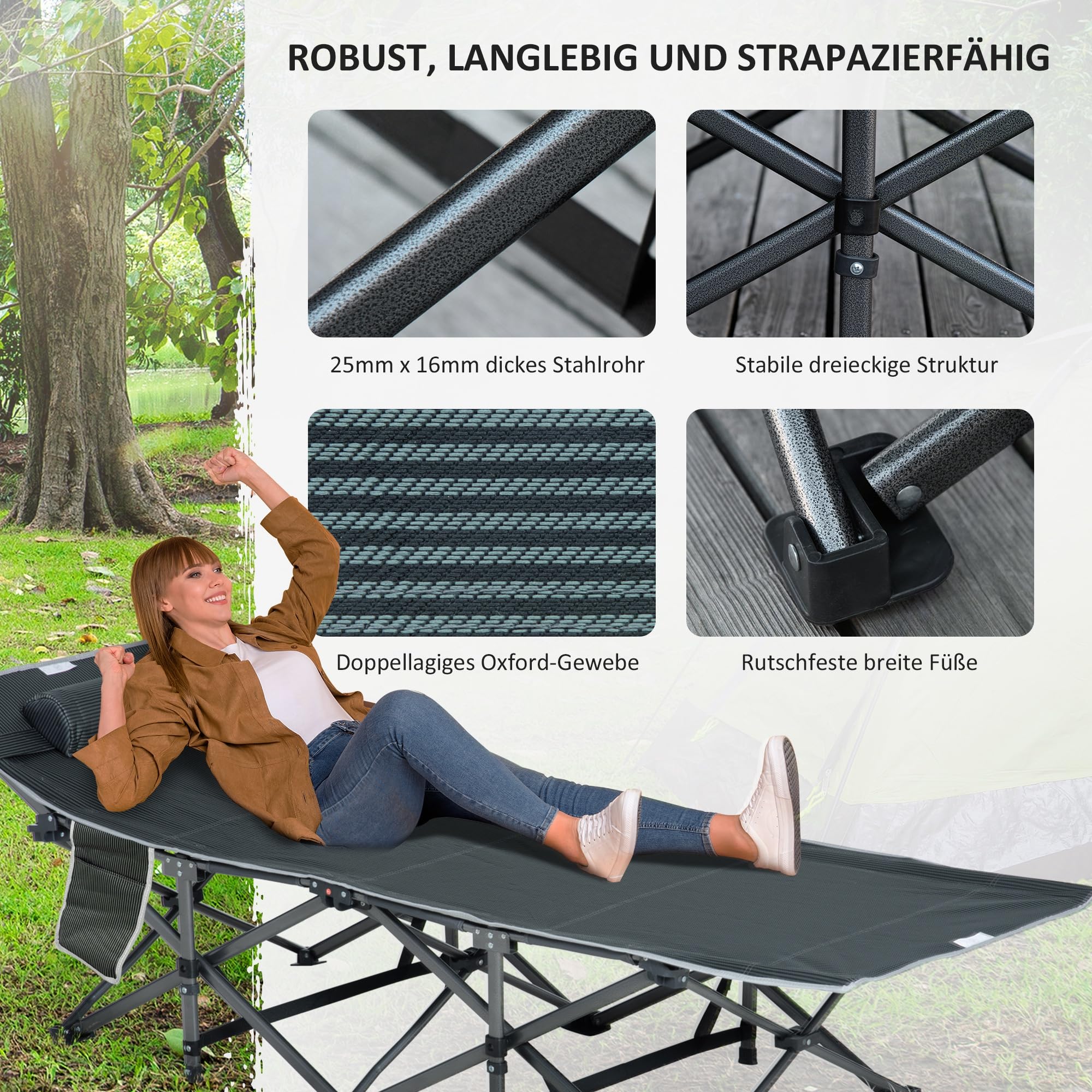 Outsunny Łóżko kempingowe, składane łóżko polowe, z poduszką pod głowę, kieszeń boczna, łóżko dla gości, obciążenie do 150 kg, w podróży, do aktywności na świeżym powietrzu, kolor szary, 188 x 64,5 x