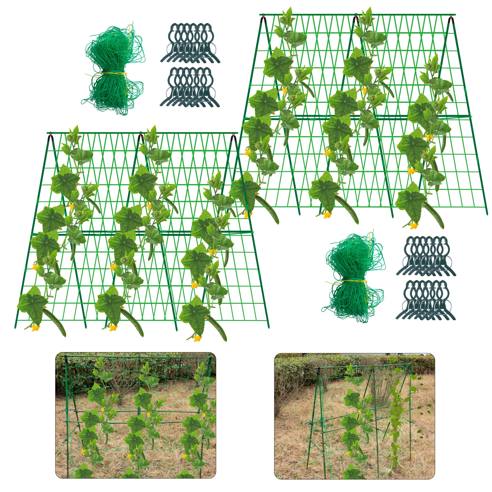 DECOHS2 Sets A-Frame Metal Garden Trellis-47 x 47 Inch Detachable Garden Cucumber Trellises with Climbing Net and Plant Support Clips for Outdoor Plants Zucchini Cucumber Vegetables Flowers