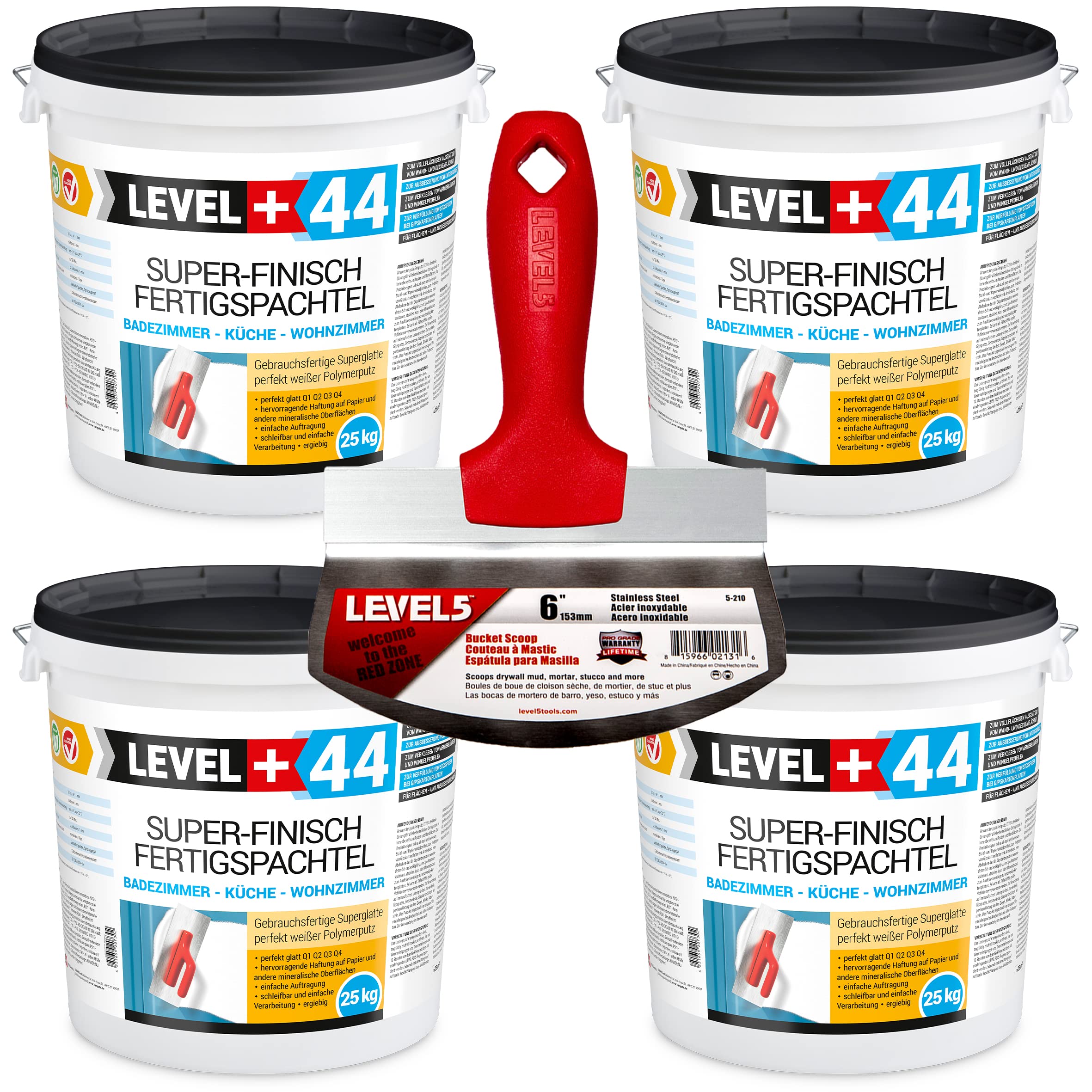 Super Finish Fertigspachtel Q1-Q4 Spachtelmasse 100kg Perfekt Glatt Weiß | Innenbereich + Eimerschaber Eimerschaufel EdelstahlSet RM44/5-210