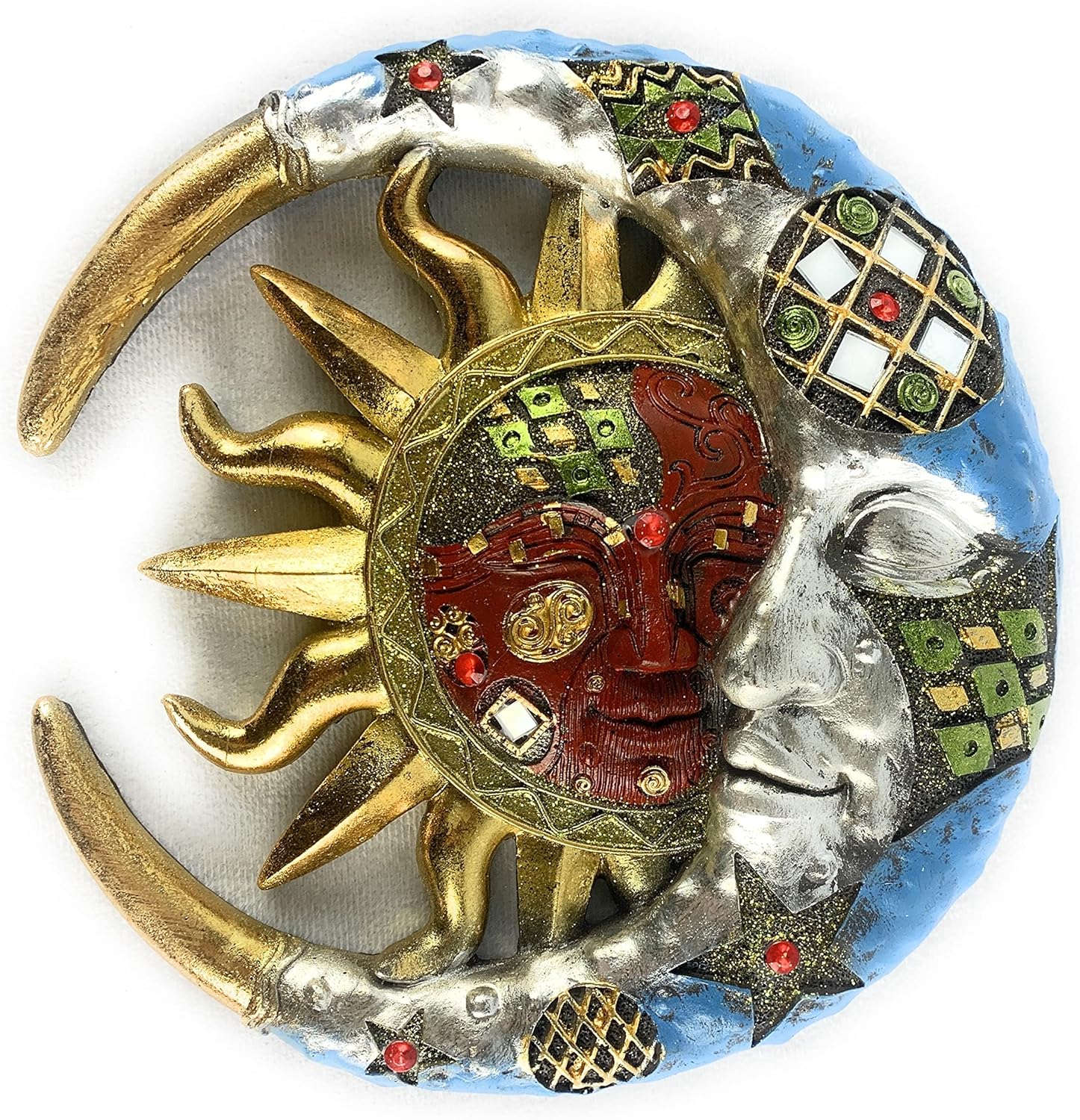 Sun And Blue Moon 3D Mosaic Celestial Face Decor Indoor Outdoor Wall Art Plaque Sculpture Mount For Inside Home Living Room Bedroom Bathroom Kitchen Or Outside Patio Fence Porch,11.5X11.5 inch