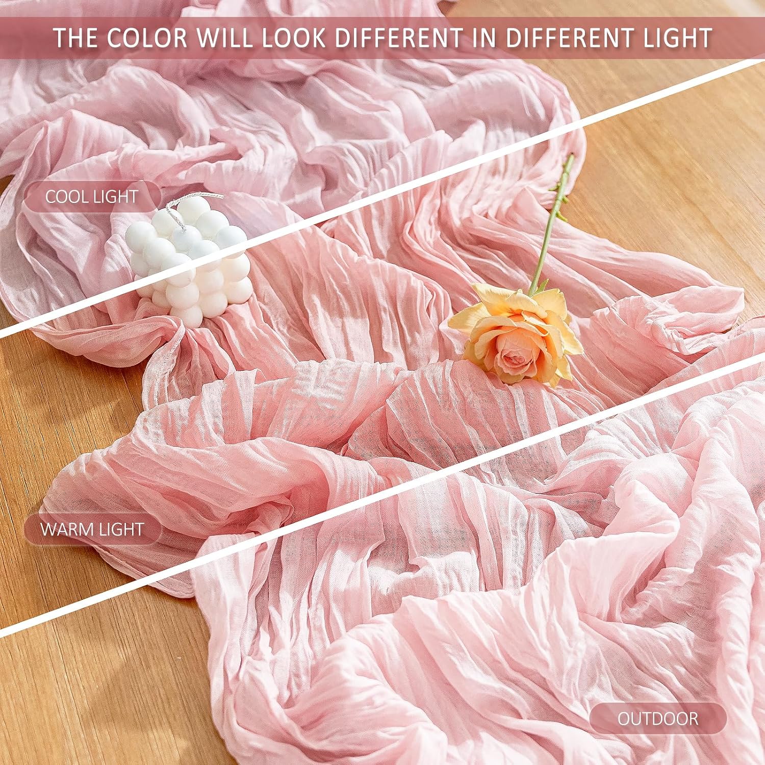 Cheesecloth Table Runner, 10 Ft Boho Rustic Gauze Table Runner Sheer Wrinkled for Centerpiece Decor, Dusty Pink, 1 Pcs