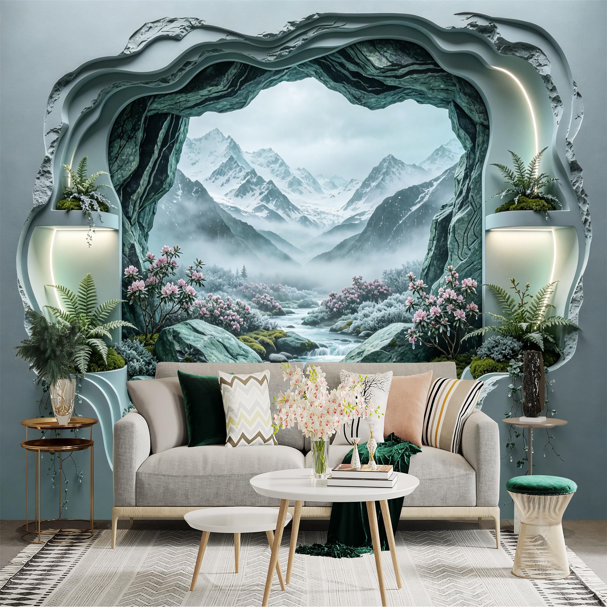 Custom Size Wall Sticker Mural， Fantasy Mountain Valley with Waterfall， Misty River and Flowers， for wall Decoration， peelandstick wall Decals.